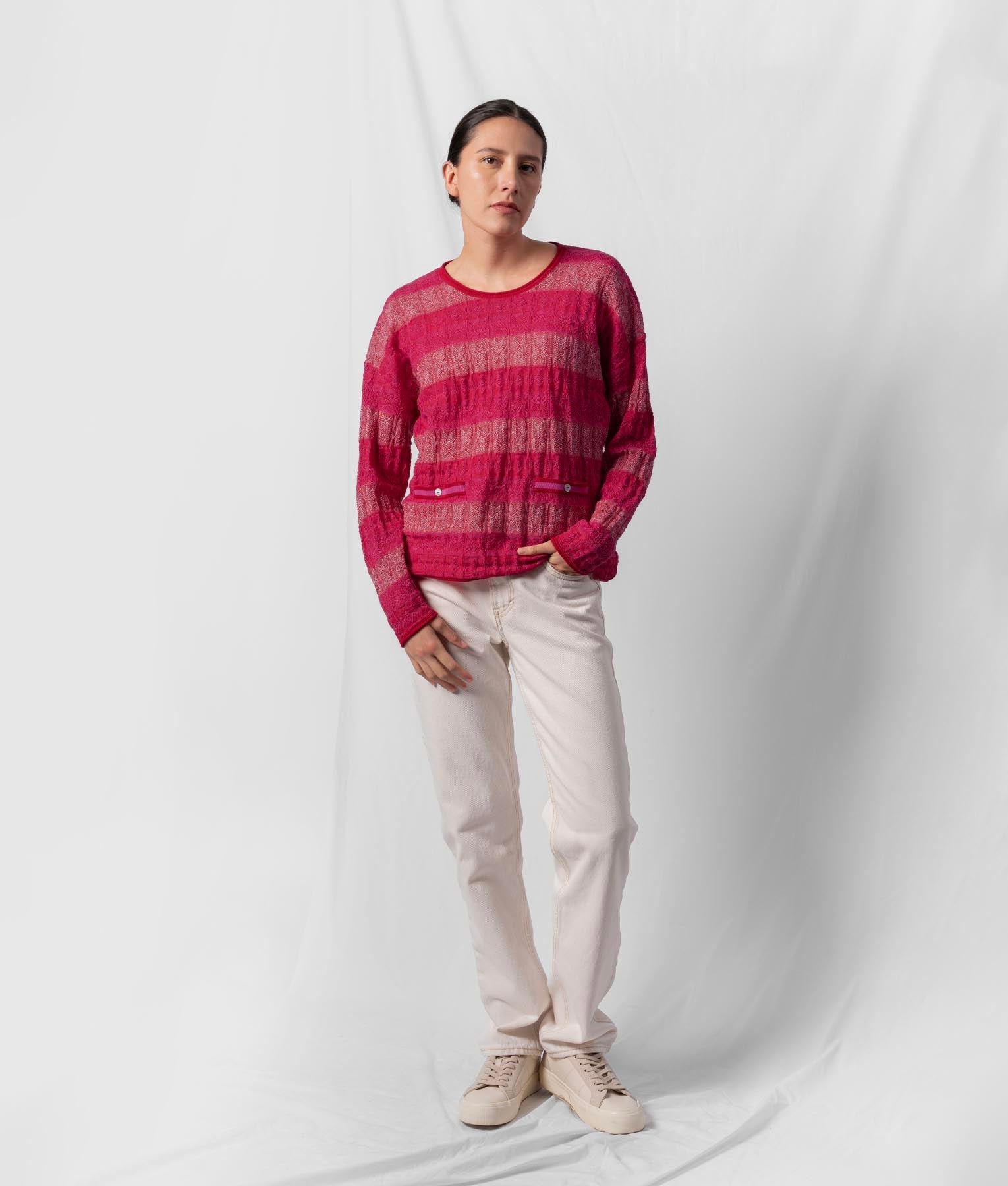 Loose Jacquard Pocket Front Sweater for Women - Ruby Red & Raspberry Pink Knit Cardigan | Cozy Fall & Winter Fashion, Casual Outfit, Office Wear, Weekend Comfort
