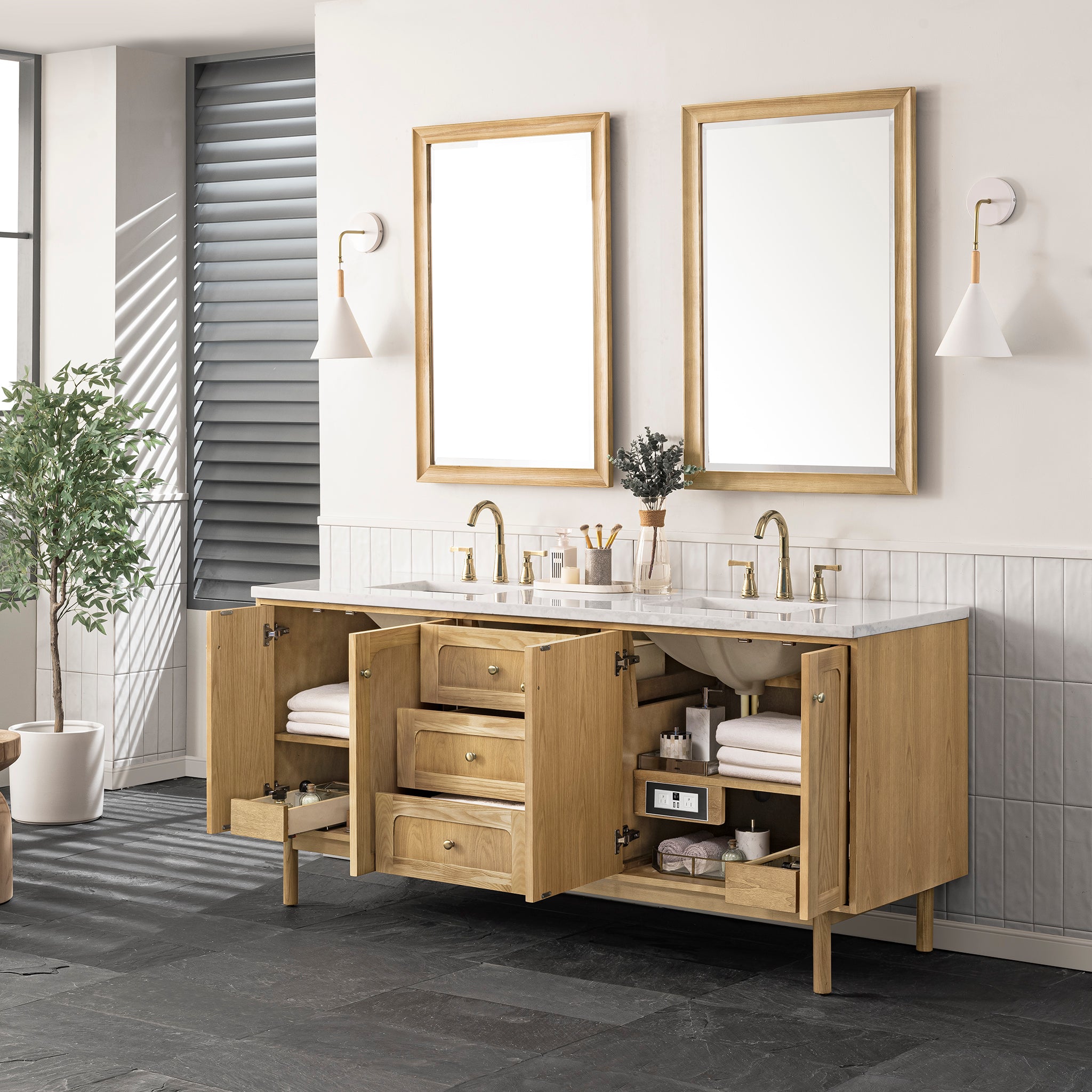 Laurent 72 Inch Double Vanity with Light Natural Oak Finish & 3CM Arctic Fall Top - Perfect for Modern Bathroom Renovations and Master Suite Upgrades