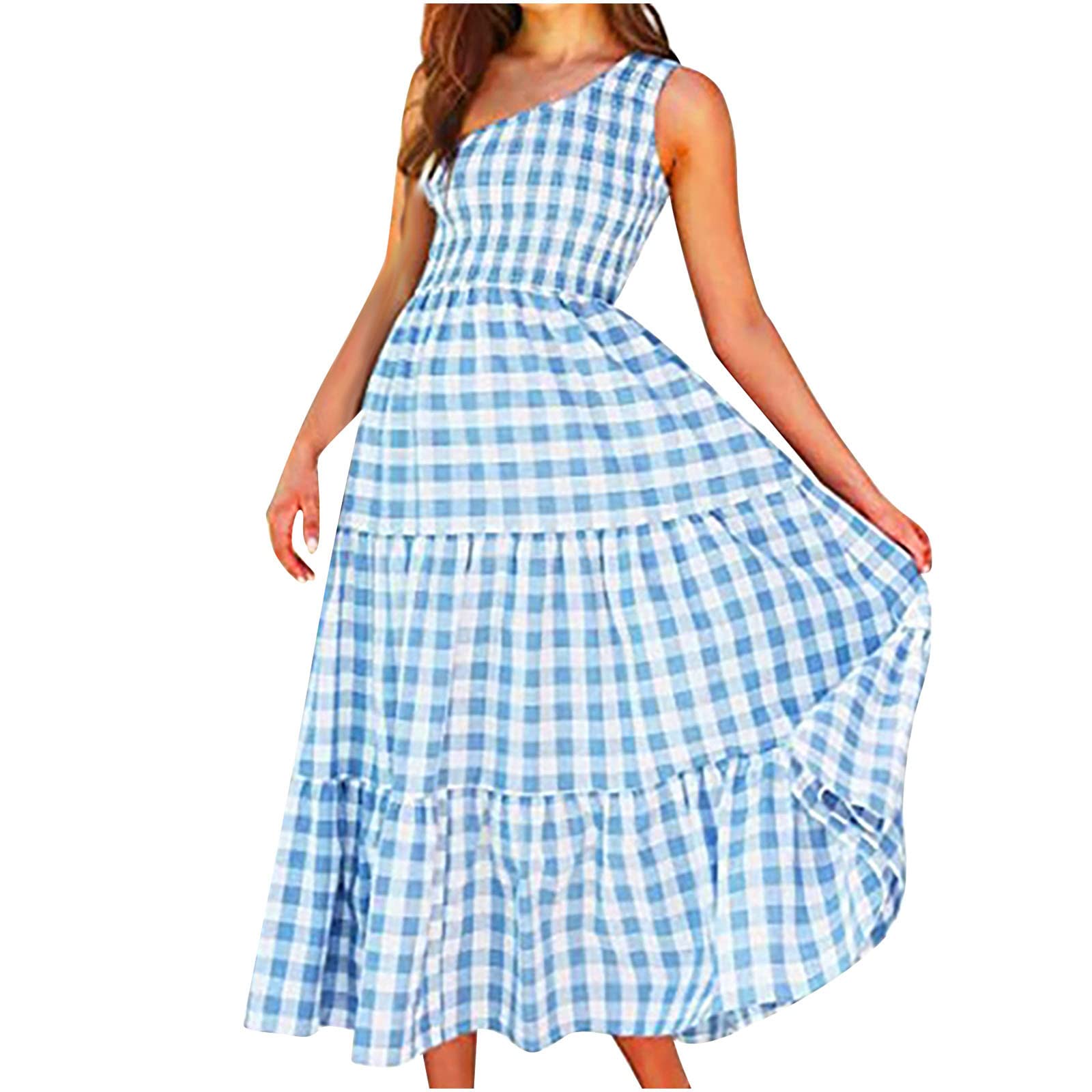 2023 Summer Dresses for Women - One Shoulder Sleeveless Maxi Dress with Plaid Print & Smocked Waist, Flowy Tiered Beach Party Dress | Perfect for Vacations, Weddings & Outdoor Events