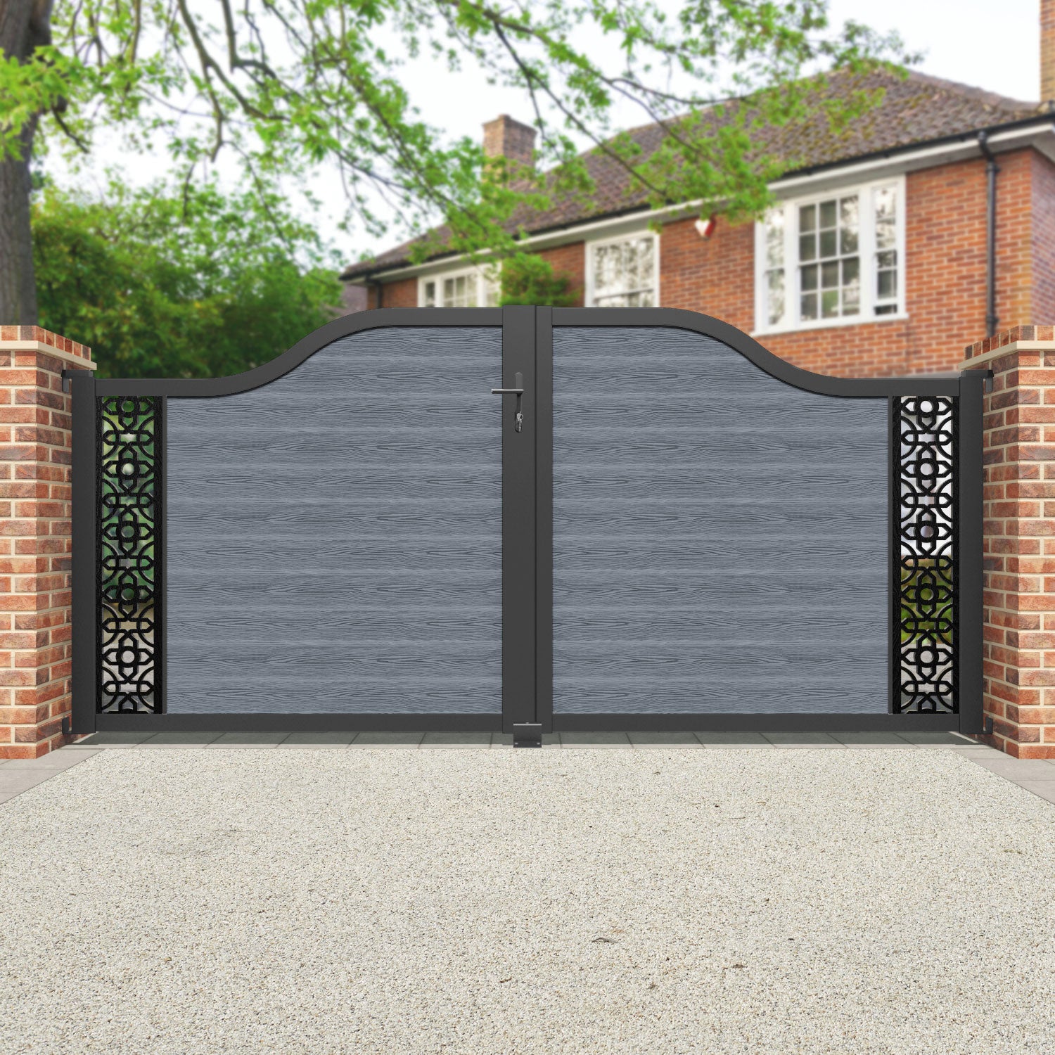 Classic Nabila Curved Top Driveway Gate - Anthracite Black Wrought Iron Fence with End Screen | Durable Outdoor Security Gate for Home, Garden & Estate Entrance
