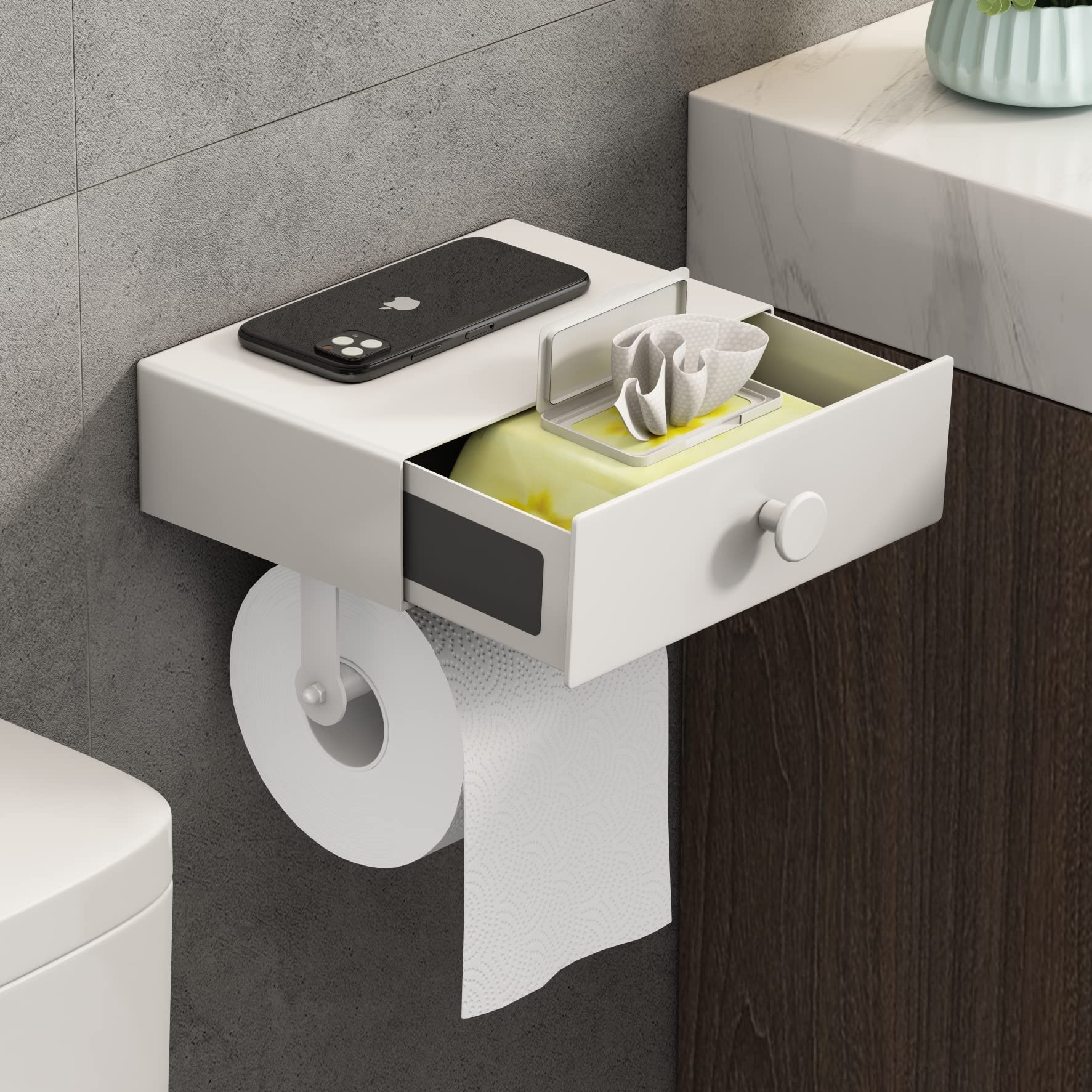 VOLDRA White Wall Mount Toilet Paper Holder with Shelf & Wipes Dispenser - Space Saving Bathroom Storage Organizer with Adhesive Mount & Upgrade Drawer Design - Perfect for Small Bathrooms, Powder Rooms & RVs