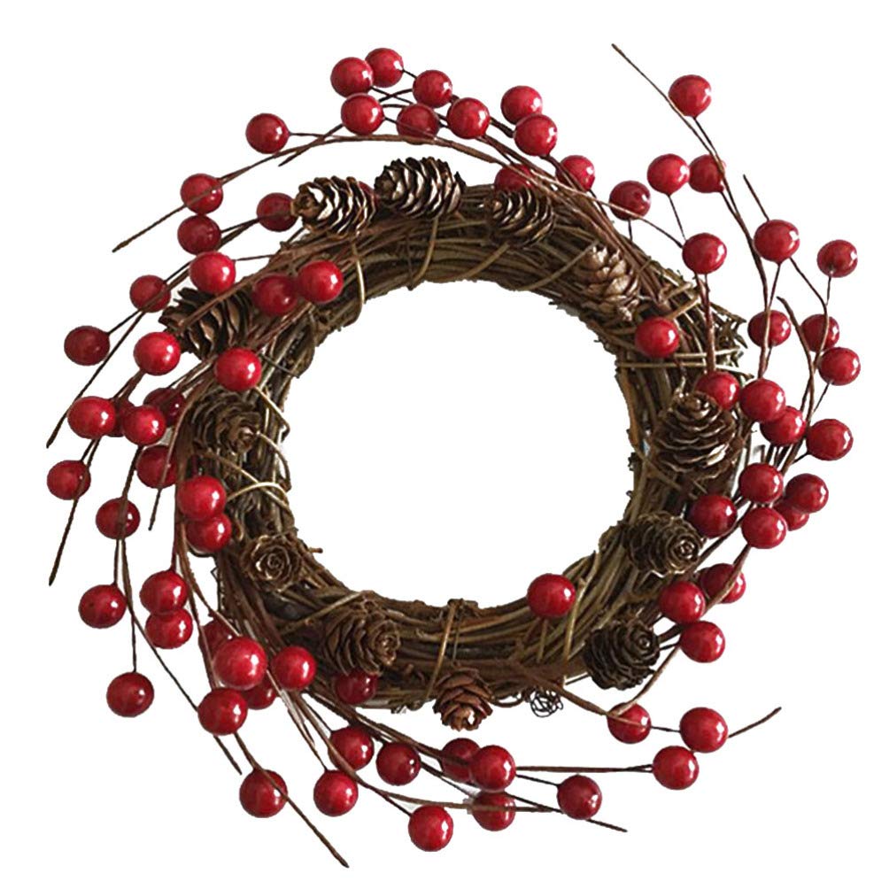 TENDYCOCO Artificial Berry and Pine Wreath - Spring Autumn Christmas Decor with Red Berries, Twigs & Candles for Indoor Outdoor Home Door Wall Mantel Holiday Party Wedding Decoration