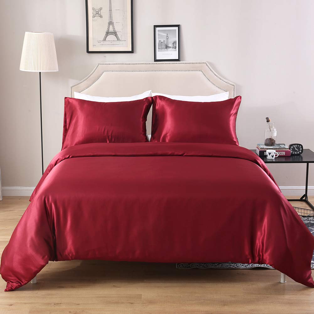 Luxury Satin Duvet Cover Set - Ultra Soft Silky Hotel Quality Comforter Cover with Button Closure & Corner Ties - Twin/Twin XL Size - Red - Perfect for Bedroom Decor, Guest Room & Hotel Style Bedding