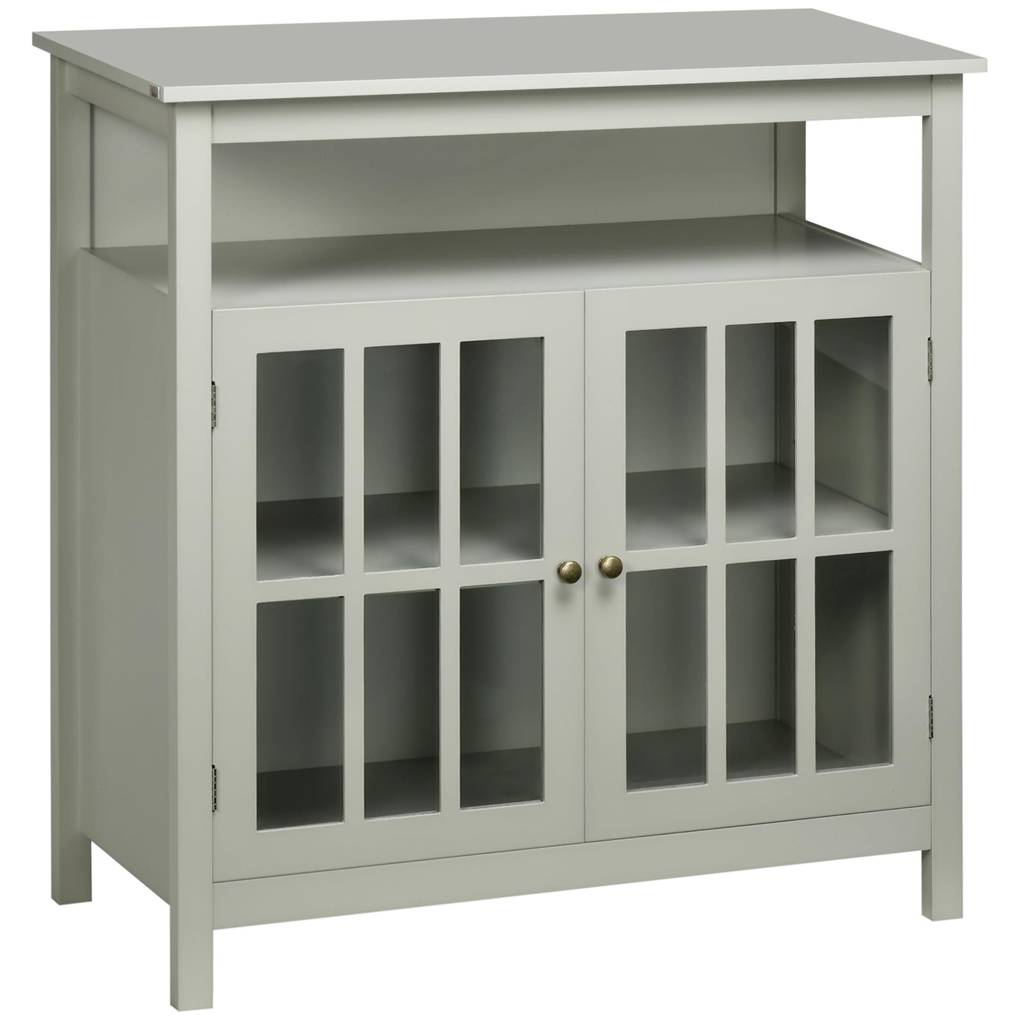 HOMCOM Grey Sideboard Buffet Cabinet with Open Shelf & Glass Doors - Adjustable Shelf Kitchen Storage Cabinet for Dining Room, Living Room & Home Decor - Perfect for Organizing Dishes, Linens & Displaying Decor