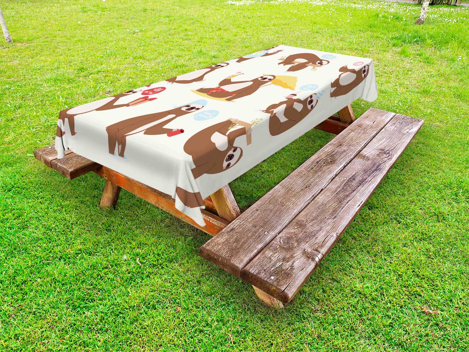 Ambesonne Sloth Print Outdoor Tablecloth - Funny Lazy Animal Design, Washable Picnic Table Cover 58x120 Inches, Brown Pink Blue - Perfect for Backyard BBQs, Picnics, and Outdoor Parties