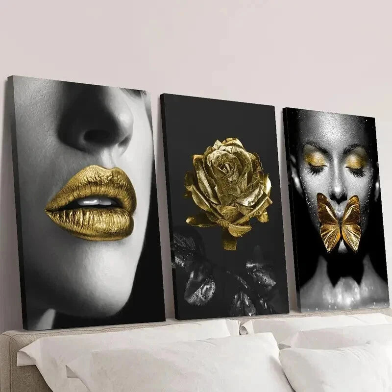 3-Piece Gold Lipstick Girl Wall Art Set - Framed Canvas Prints 50x70cm - High Quality Australian Made Wall Decor for Living Room, Bedroom & Office - Ready to Hang Modern Artwork for Women's Spaces