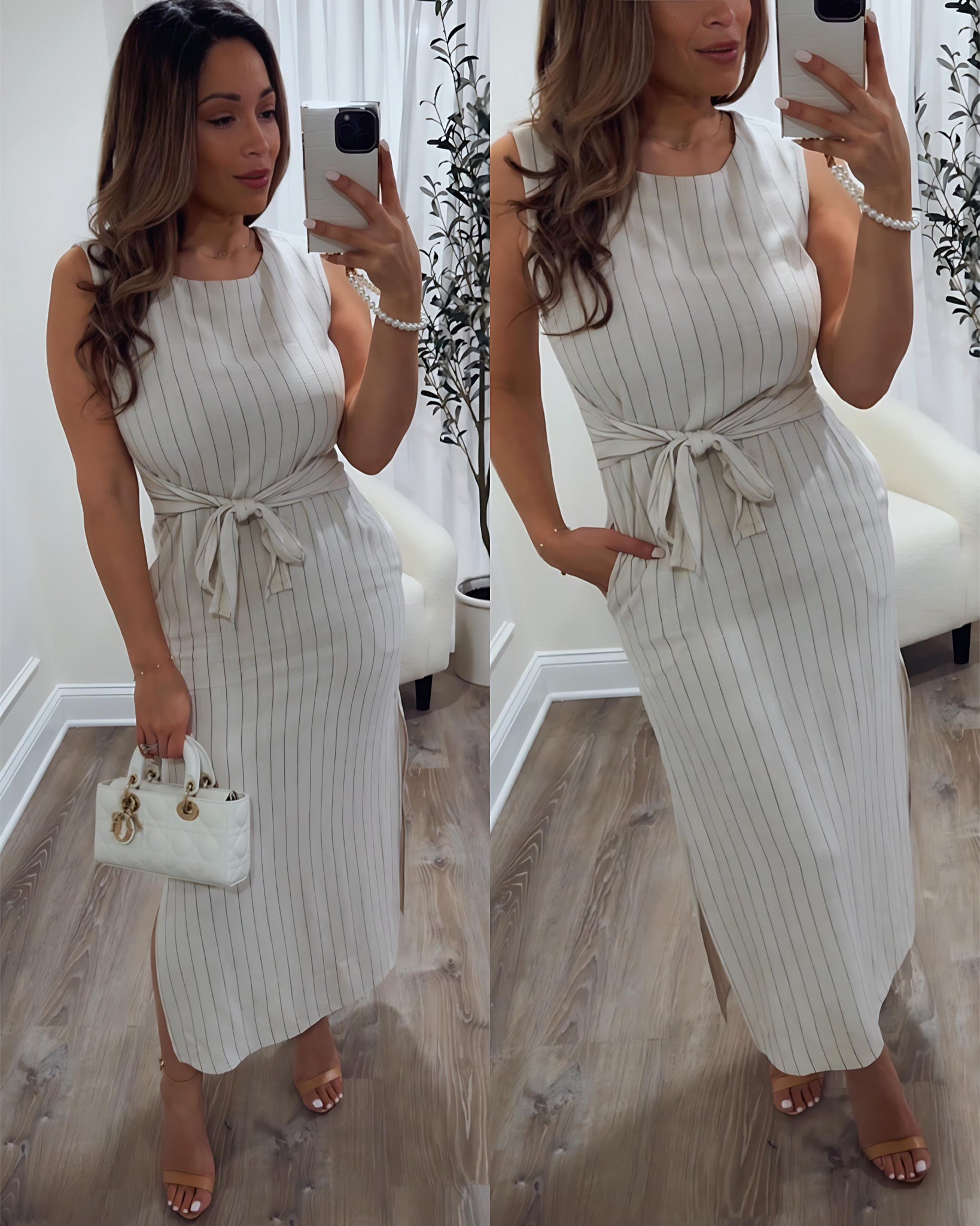 Giada Striped Maxi Dress for Women - Soft Oatmeal Color Long Flowy Summer Beach Dress - Perfect for Vacations, Weddings & Boho Outfits