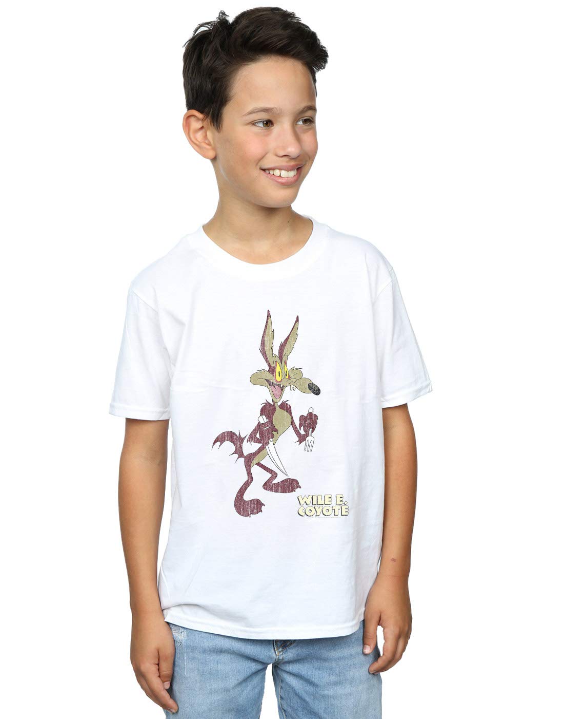 Looney Tunes Wile E Coyote Distressed Graphic T-Shirt for Boys - White Cotton Tee (Size 12-13 Years) - Perfect for School, Casual Wear & Cartoon Fans