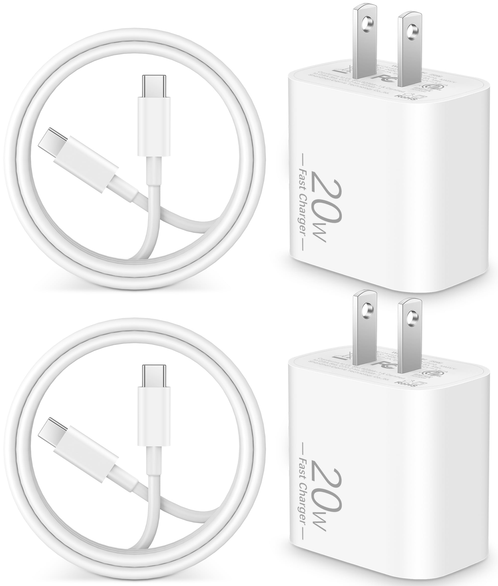 2025 Upgraded 20W USB C Fast Charger Block & 3FT Cable - 2 Pack for iPhone 16/16 Plus/16 Pro Max/16e/15/15 Pro/15 Pro Max, iPad - Quick Charge Power Adapter for Home, Office & Travel