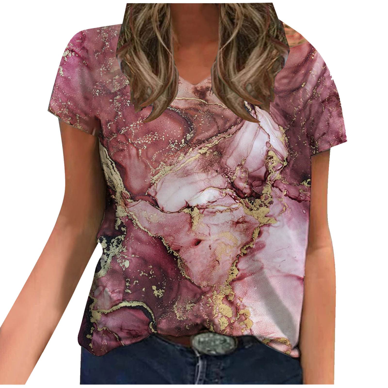 Trendy Women's Summer Tie Dye Short Sleeve V-Neck Tunic T-Shirt - Casual Marble Print Top for 2022 | Perfect for Beach Outings, Music Festivals & Everyday Wear