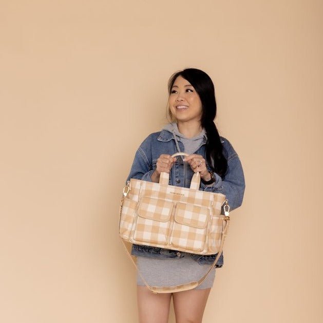 Stylish Everyday Multi-Pocket Tote Bag for Women - Lightweight & Spacious Almond Gingham Design - Perfect for Work, Travel, Shopping & Beach Outings
