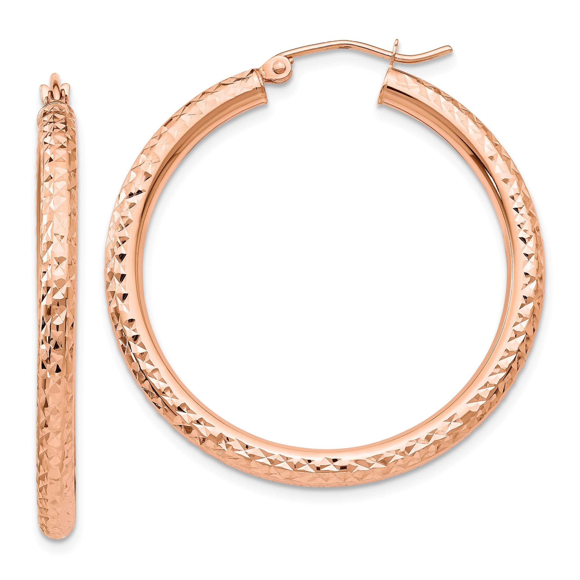 14K Rose Gold Diamond-Cut 3mm Round Hoop Earrings for Women - Elegant Everyday Jewelry for Work, Date Night & Special Occasions