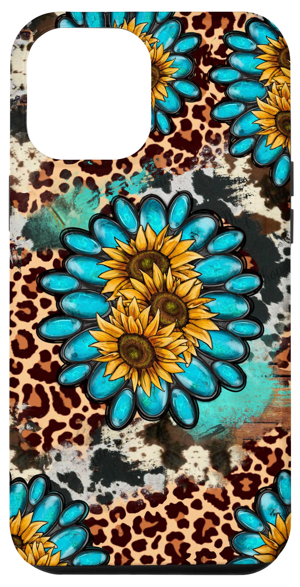 iPhone 12 Pro Max Case - Western Sunflower Turquoise Leopard Cowhide Design - Durable Protective Cover for Everyday Use, Travel & Outdoor Activities