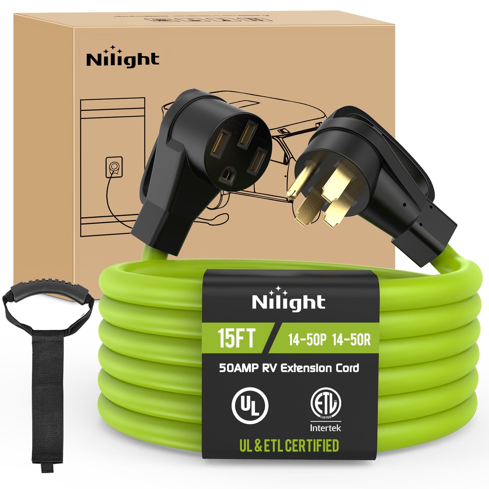 50 Amp 15 FT Heavy Duty RV EV Extension Cord - Bright Green Outdoor Power Cable for Camper, Trailer & Electric Vehicle Charging - Weatherproof & Durable for Camping, Road Trips & Home Use