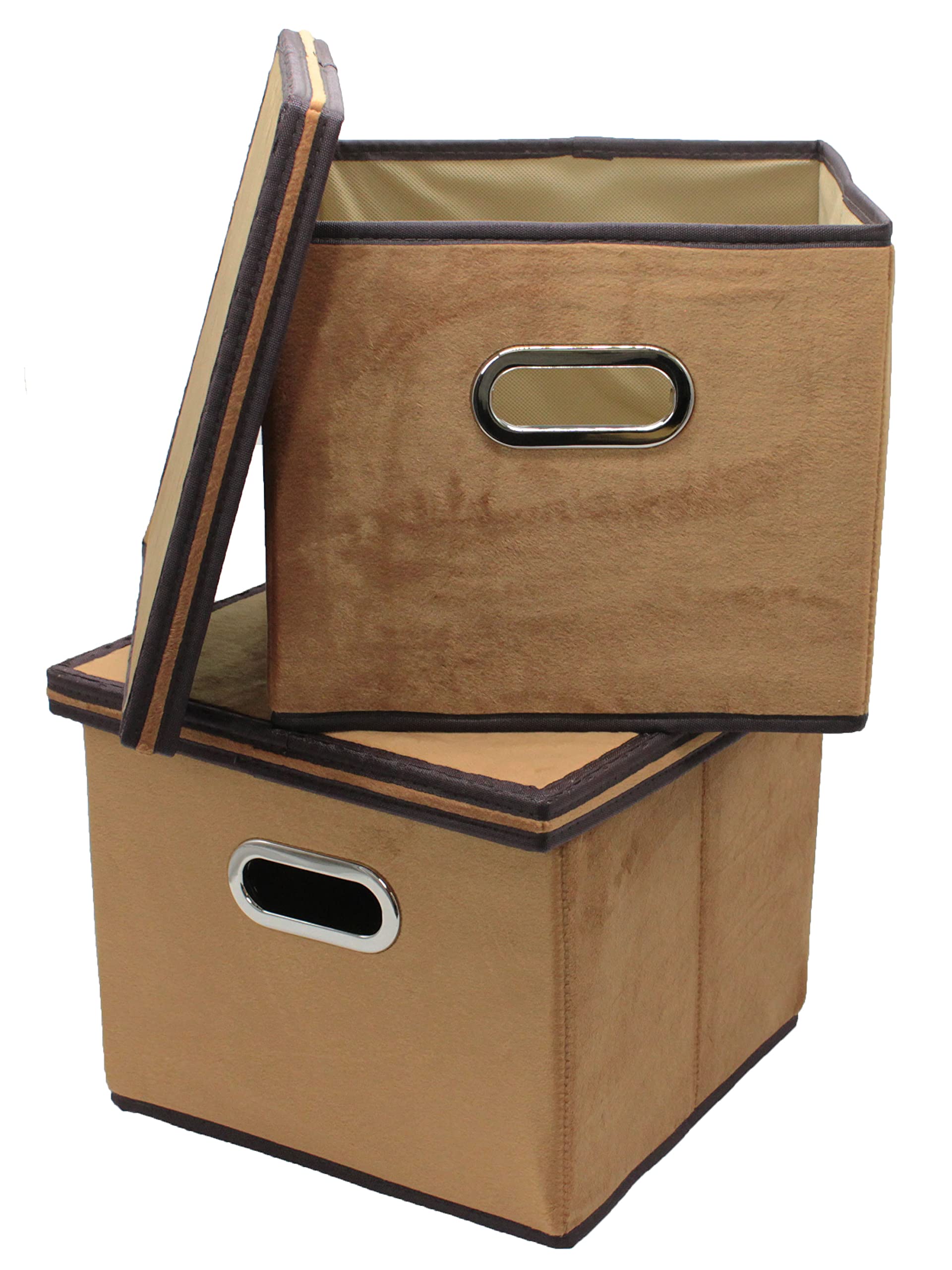 Brown Velvet Fabric Foldable File Cabinet Storage Box - 2 Pack Letter Size Hanging File Organizer with Lid for Home Office Organization & Document Storage