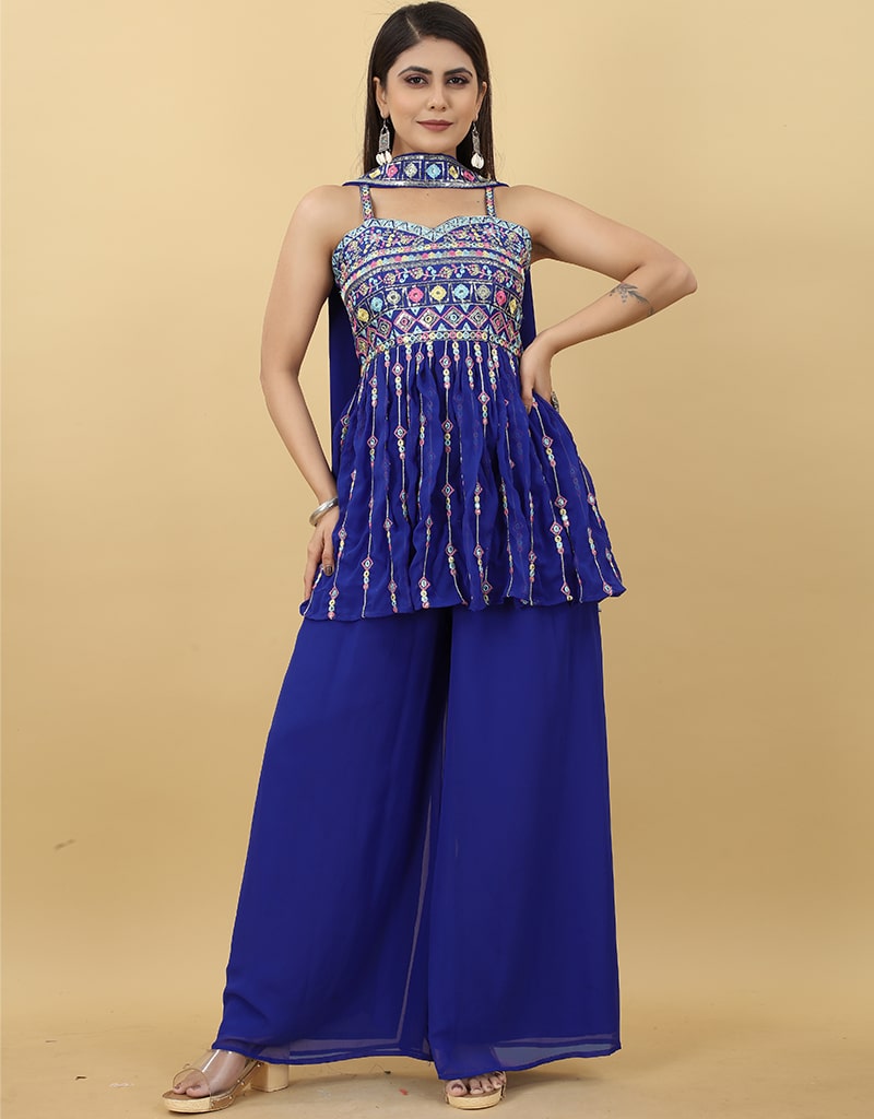 Elegant Blue Georgette Palazzo Suit Set for Women - Comfortable & Stylish Outfit for Summer, Party & Casual Wear