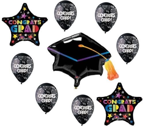 LOONBALLOON Graduation Cap Hat & Stars Balloon Set - 9 Pc Mylar & Latex Party Balloons for Congrats Grad Decorations - Perfect for Graduation Parties, School Celebrations & Photo Backdrops