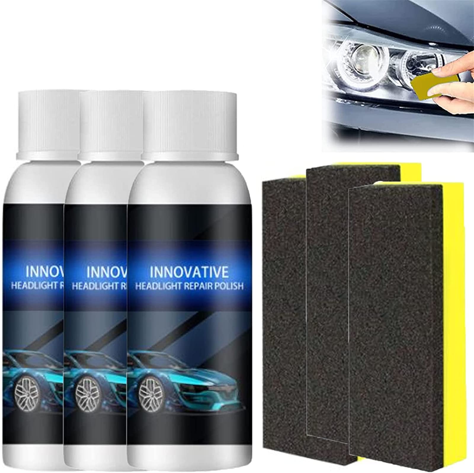 Premium Car Headlight Restoration Kit - 3 in 1 Headlight Polish, Protective Coating Spray & Repair Fluid - Advanced Headlight Cleaner for Cloudy, Yellowed or Foggy Lights - Perfect for DIY Car Maintenance & Night Driving Safety (3 Piece Set)