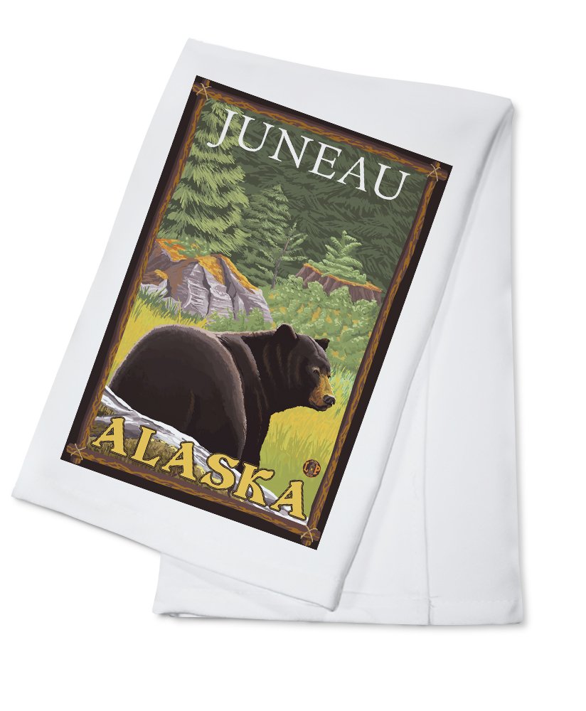 Black Bear in Forest Juneau Alaska - 100% Cotton Tea Towel | Decorative Kitchen Hand Towel for Home & Cabin Decor | Perfect for Rustic Cabinets, Cozy Farmhouse Kitchens & Wilderness-Themed Gifts