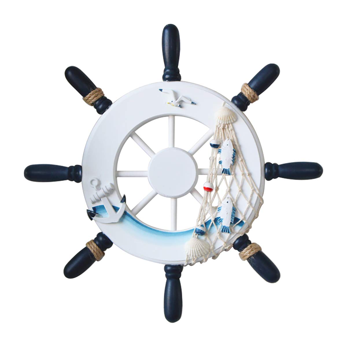 LKXHarleya Nautical Anchor Beach Wooden Boat Fishing Net Shell Ship Steering Wheel Wall Decor - Mediterranean Style Coastal Home Decor for Living Room, Bedroom, Beach House - 12.5x12.5x1.2 Inches, White