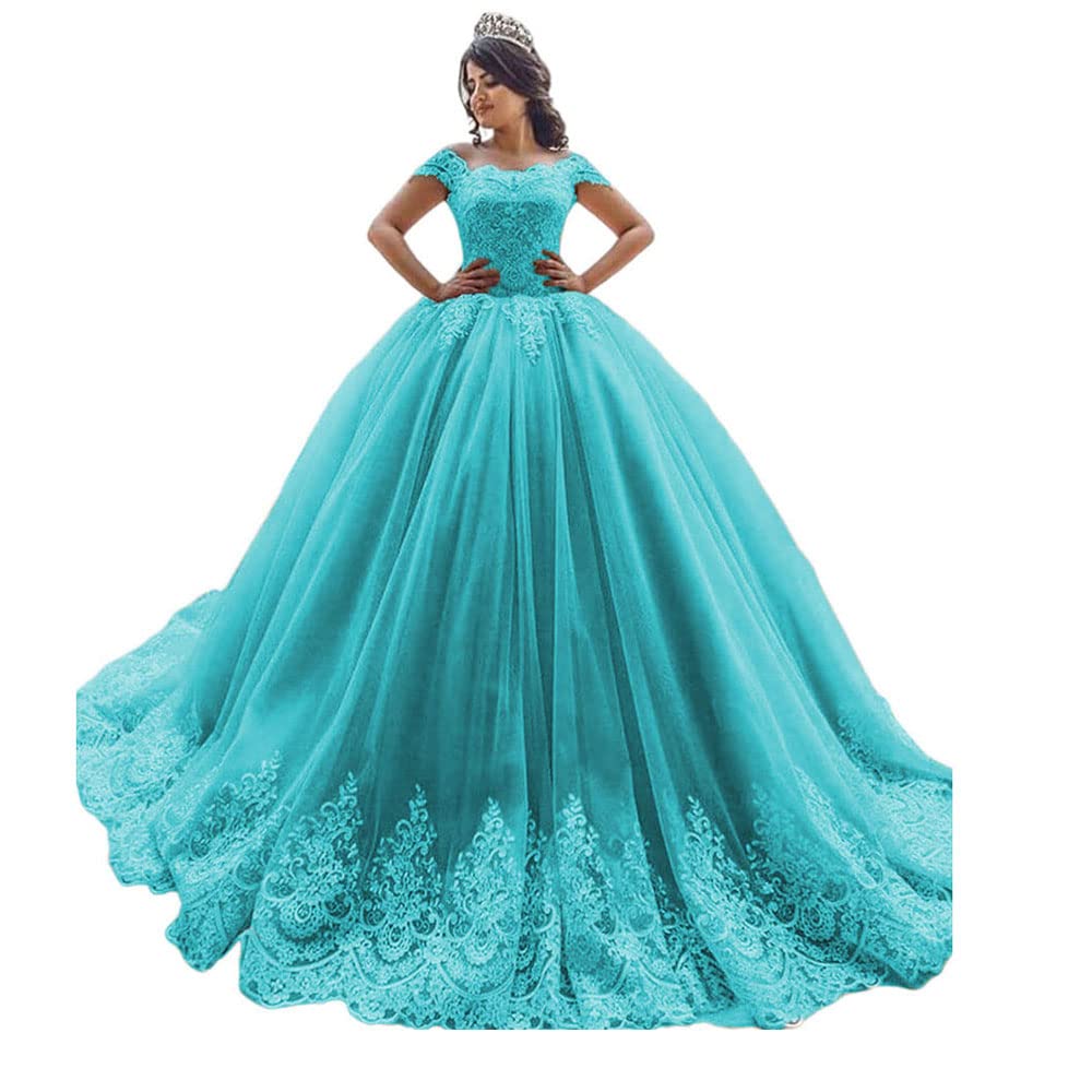 XYAYE Off Shoulder Quinceanera Dresses 2024 | Elegant Lace Ball Gowns with Puffy Tulle Skirt & Long Train | Women's Prom Dresses for Quinceañera, Sweet 16, Homecoming & Formal Events