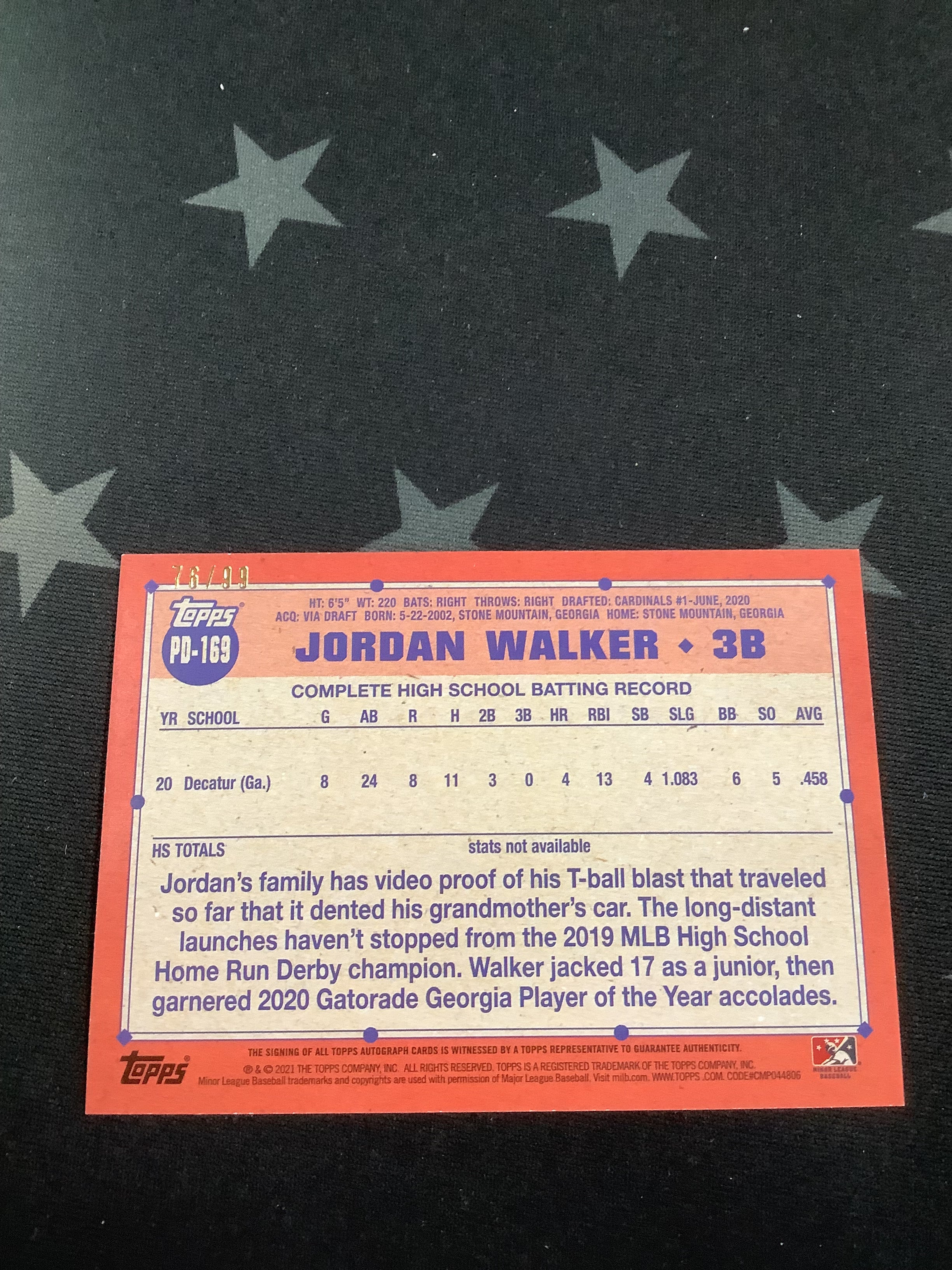 2021 Topps Pro Debut Jordan Walker Autographed Baseball Card #PD-169 /99 - Limited Edition Rookie Card for Collectors & Sports Memorabilia Enthusiasts