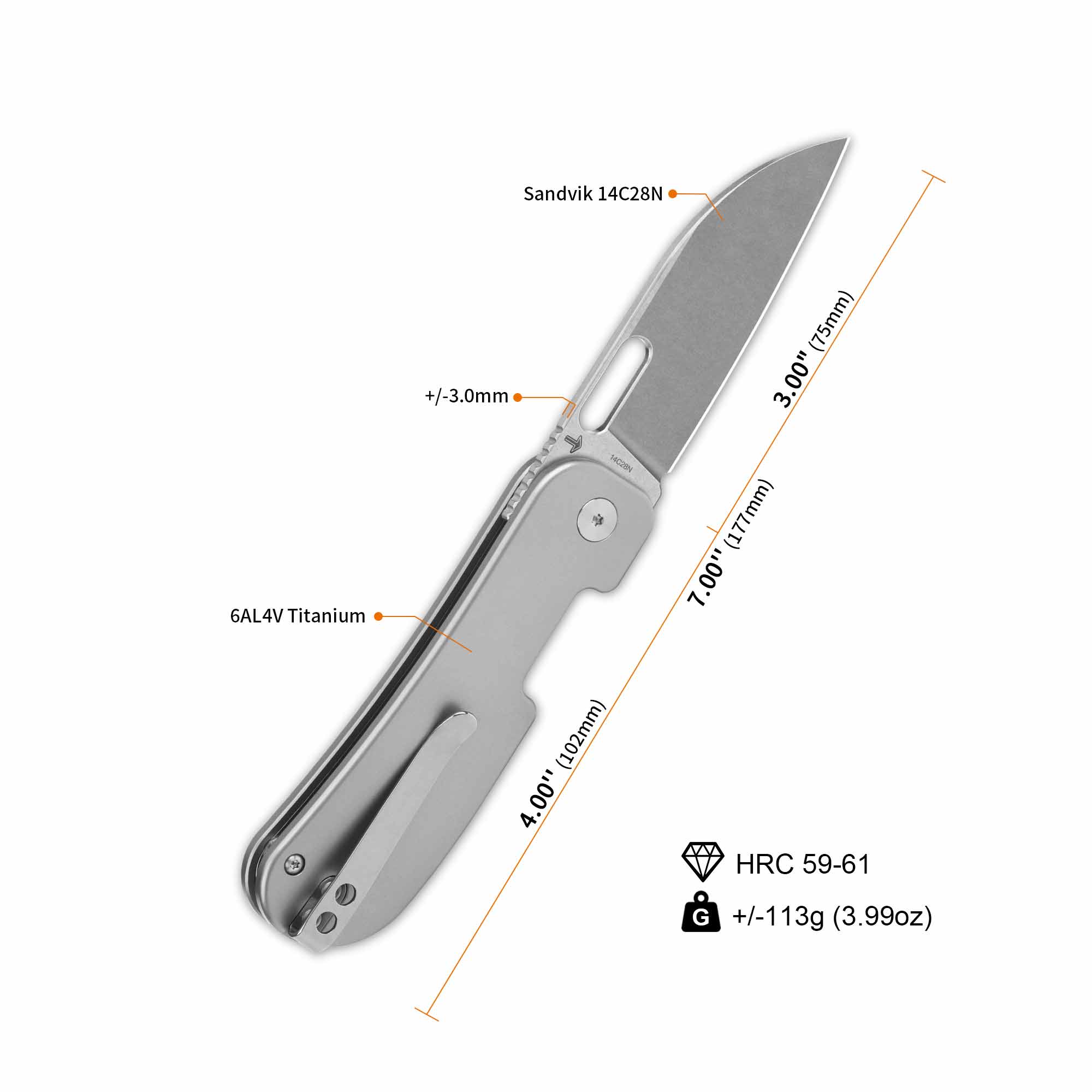 QSP Variant PE Liner Lock Pocket Knife - 14C28N Stainless Steel Blade & Titanium Handle - EDC Folding Knife for Camping, Hiking, Survival and Everyday Carry