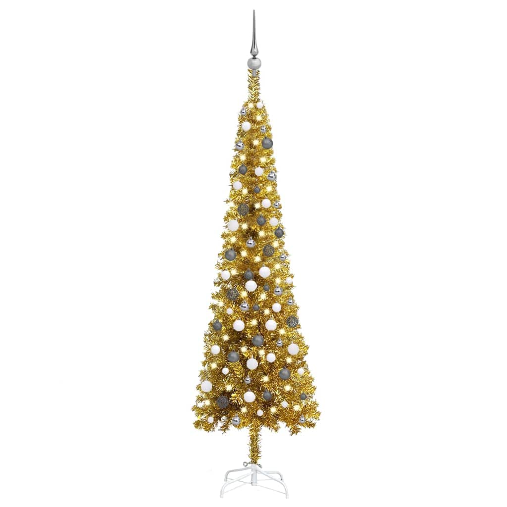 7ft Pre-Lit Slim Artificial Christmas Tree with 150 Warm White LED Lights | 435 Branch Tips Pencil Xmas Tree with Metal Stand | Gold Holiday Decor for Home, Office & Party | Perfect for Small Spaces & Corner Decorations