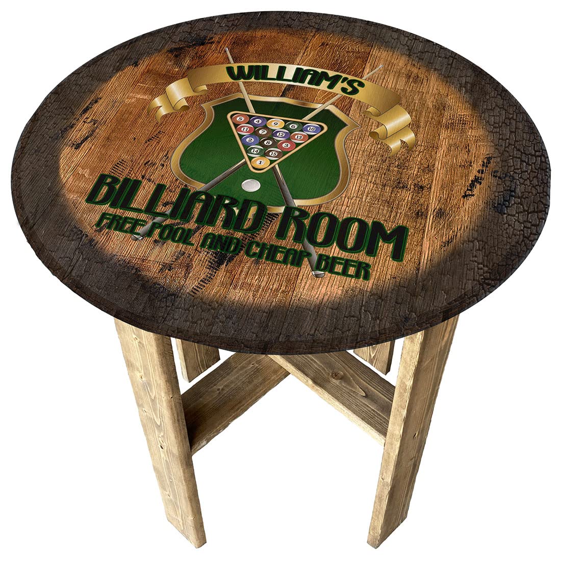 Rustic Whiskey Barrel End Table - Classic Pub & Billiard Room Decor, Farmhouse Style Round Side Table for Living Room, Man Cave or Bar