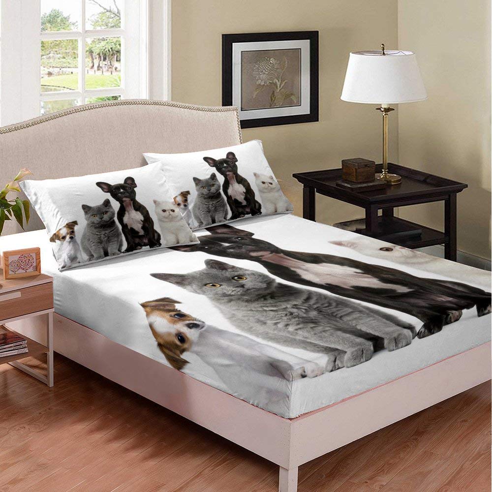 Cute 3D Dog and Cat Print Twin Bed Sheet Set - 2 Pieces (1 Fitted Sheet + 1 Pillowcase) for Kids Room, Pet Lovers - White Base Soft Duvet Cover for Boys & Girls Bedroom Decor