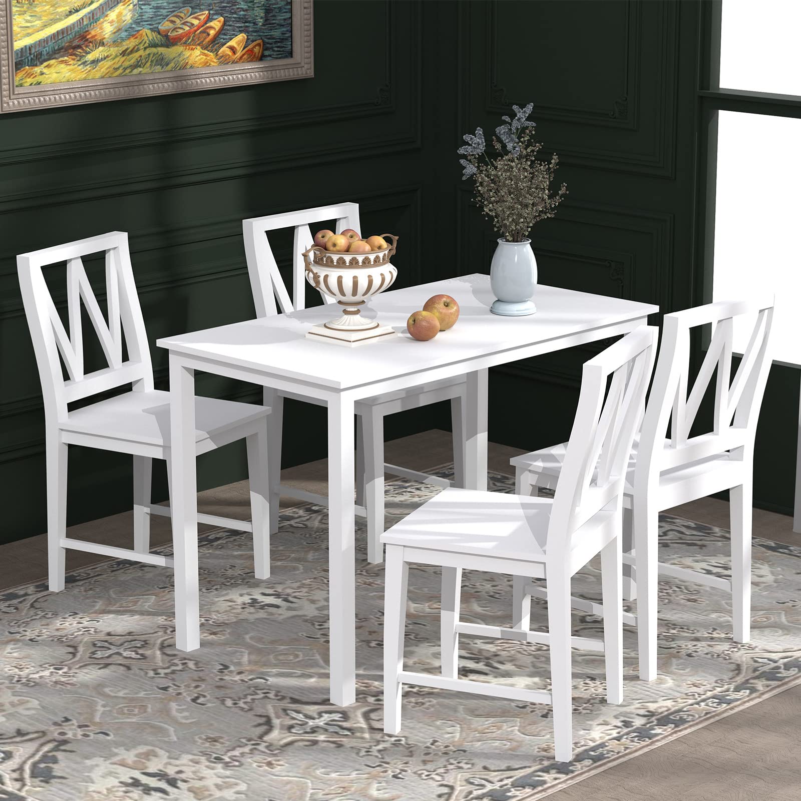 Modern 5-Piece White Farmhouse Dining Table Set for 4 - Kitchen Table & Chairs for Small Spaces | Perfect for Breakfast Nooks, Apartments & Cozy Family Meals