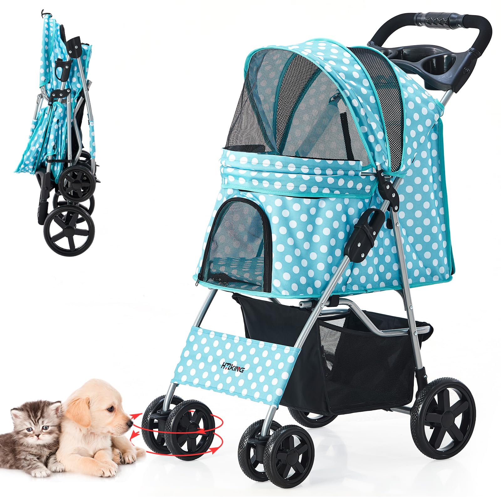 Lightweight Folding Dog Stroller for Small Dogs & Cats - Portable 4-Wheel Pet Jogger with Storage Basket & Cup Holder | Perfect for Outdoor Walks, Park Visits & Vet Trips (Polka Blue)