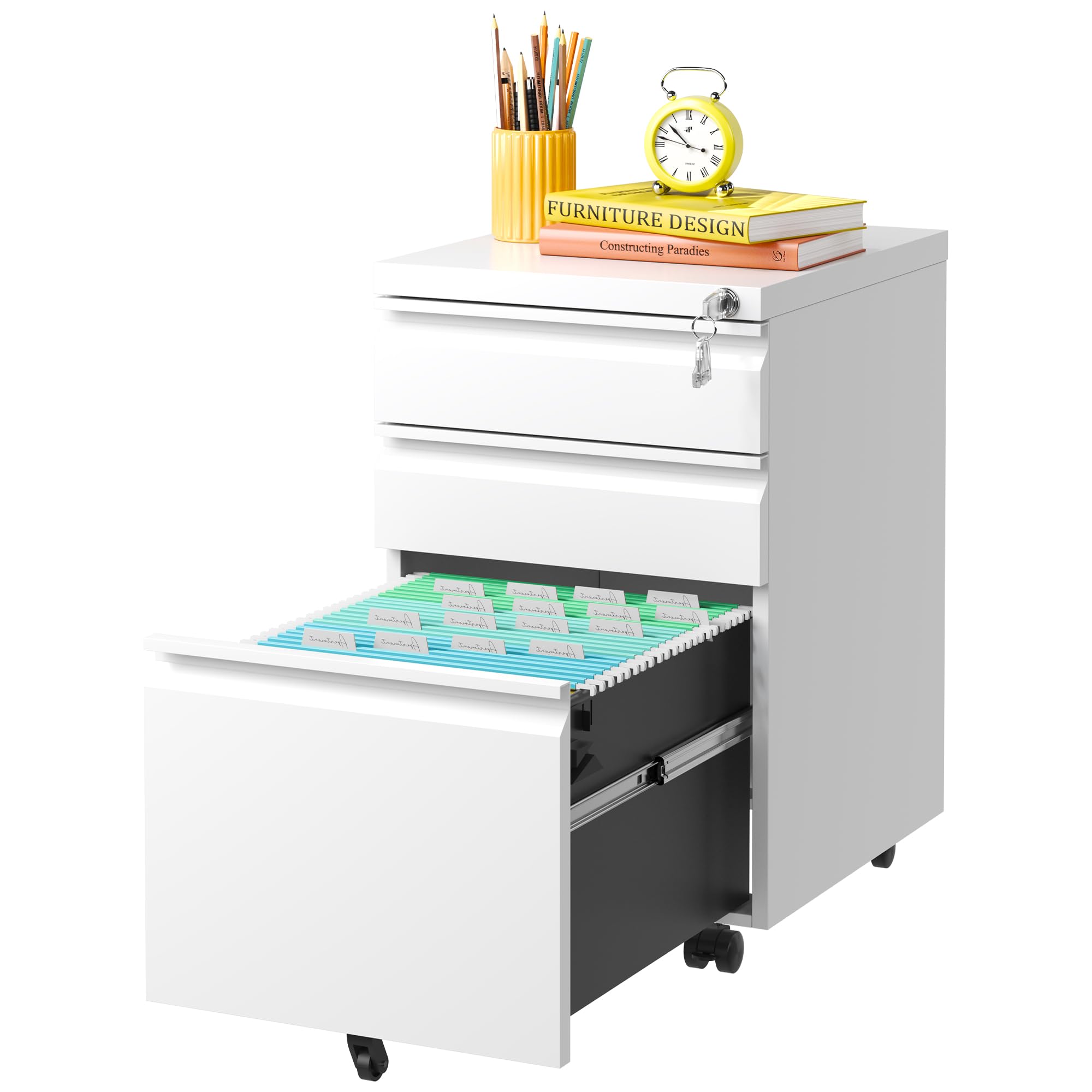 3-Drawer Mobile File Cabinet with Wheels - White Metal Under Desk Vertical Filing Cabinet with Lock, Fully Assembled for Home & Office - Fits Letter, Legal & A4 Size Folders - Perfect for Small Spaces & Organized Workspaces