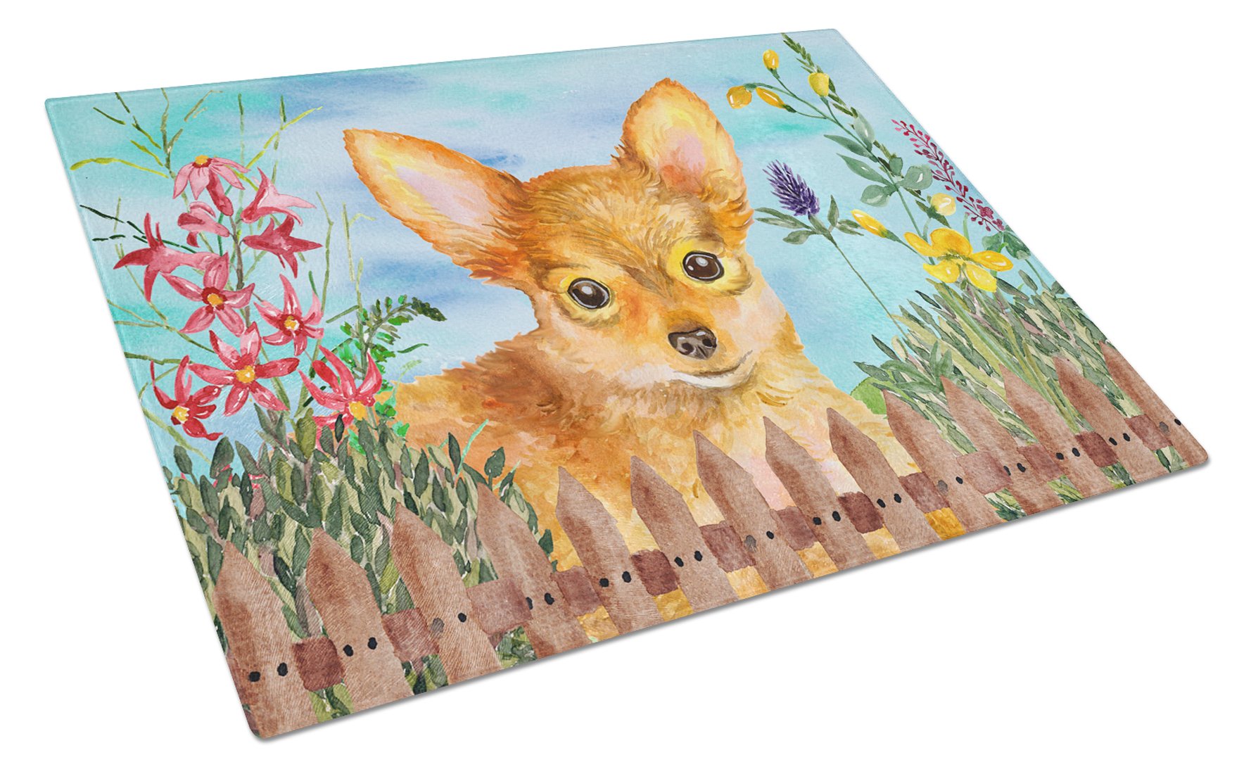 Toy Terrier Spring Themed Large Tempered Glass Cutting Board - Decorative Kitchen Chopping & Serving Board for Fruits, Cheese, and Charcuterie | Perfect for Entertaining & Home Decor