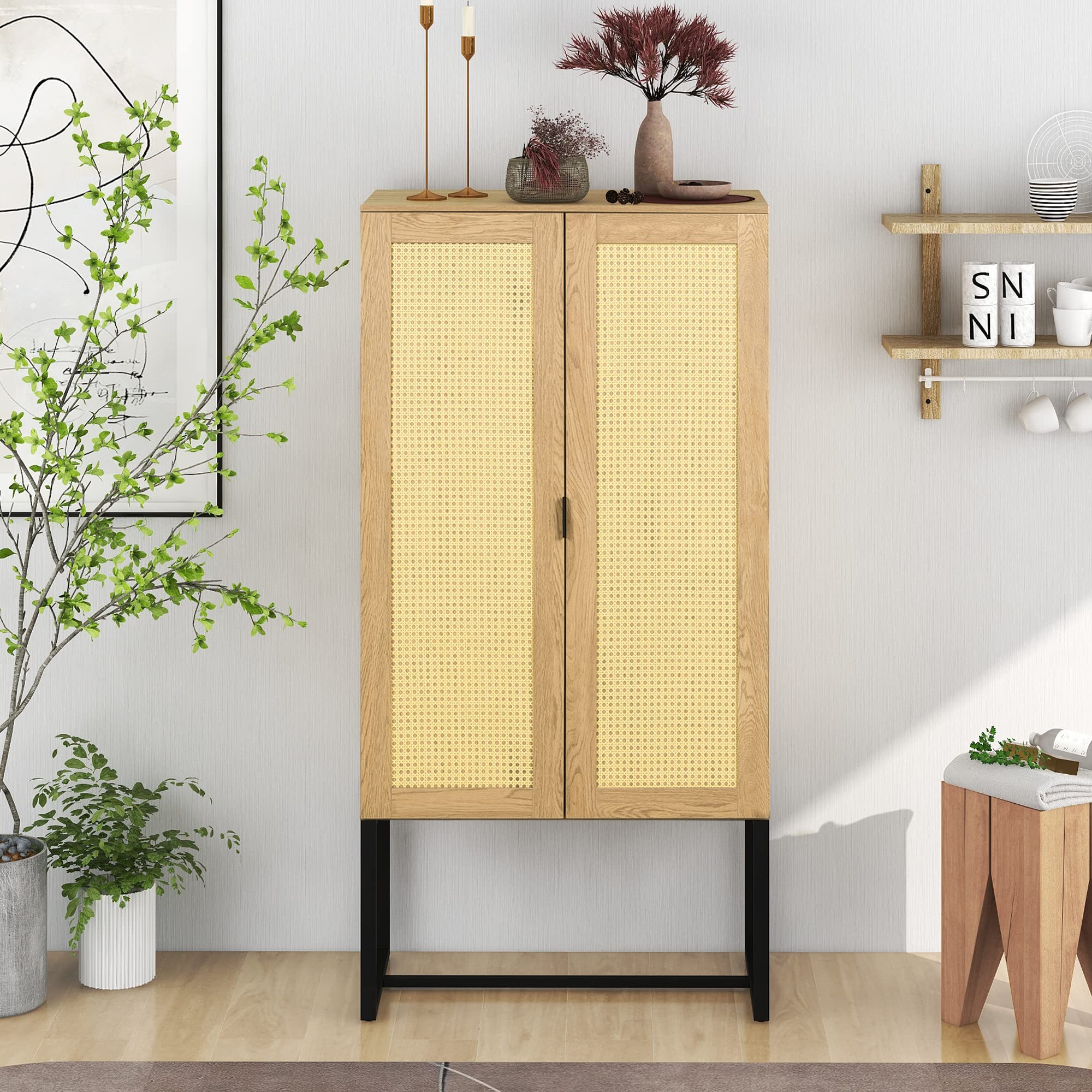 Handmade Natural Rattan Storage Cabinet with 2 Doors - Solid Wood Console Table, Sideboard Buffet Cabinet for Living Room, Dining Room, Entryway & Kitchen - Perfect for Home Organization & Farmhouse Decor (Brown)