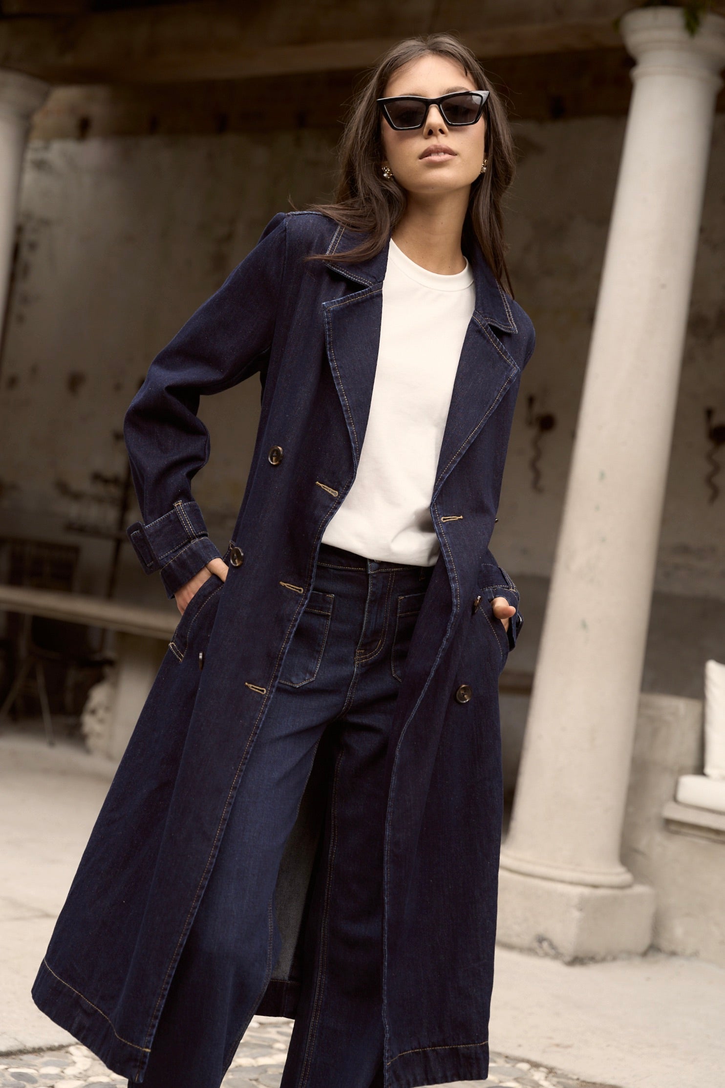 Stylish Rodeo Indigo Denim Trench Coat for Women - Vintage Western Long Jacket with Belt - Perfect for Casual Outfits, Country Music Festivals & Fall Layering