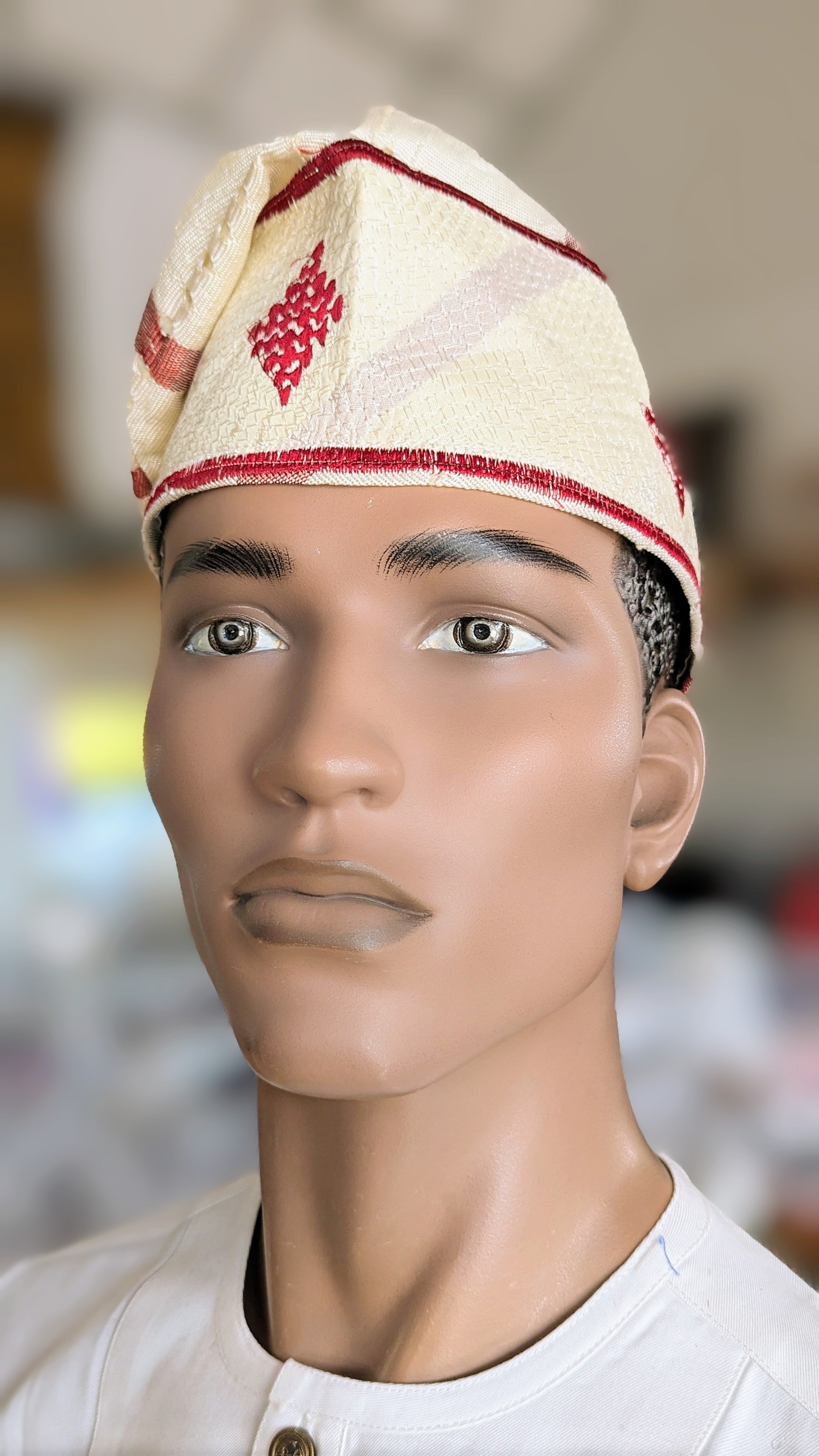 Dupsie's IfeFila Cream African Aso Oke Fila Cap - Handmade Burgundy Embroidered Traditional Yoruba Hat for Men & Women - Perfect for Weddings, Cultural Events and African Fashion