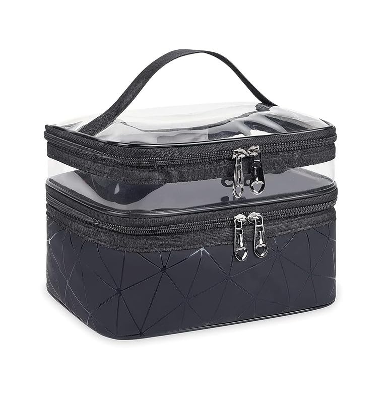 Double Layer Cosmetic Bag for Women - Waterproof Makeup Organizer Pouch & Travel Toiletry Case | Perfect for Travel, Gym, and Everyday Use (Black)