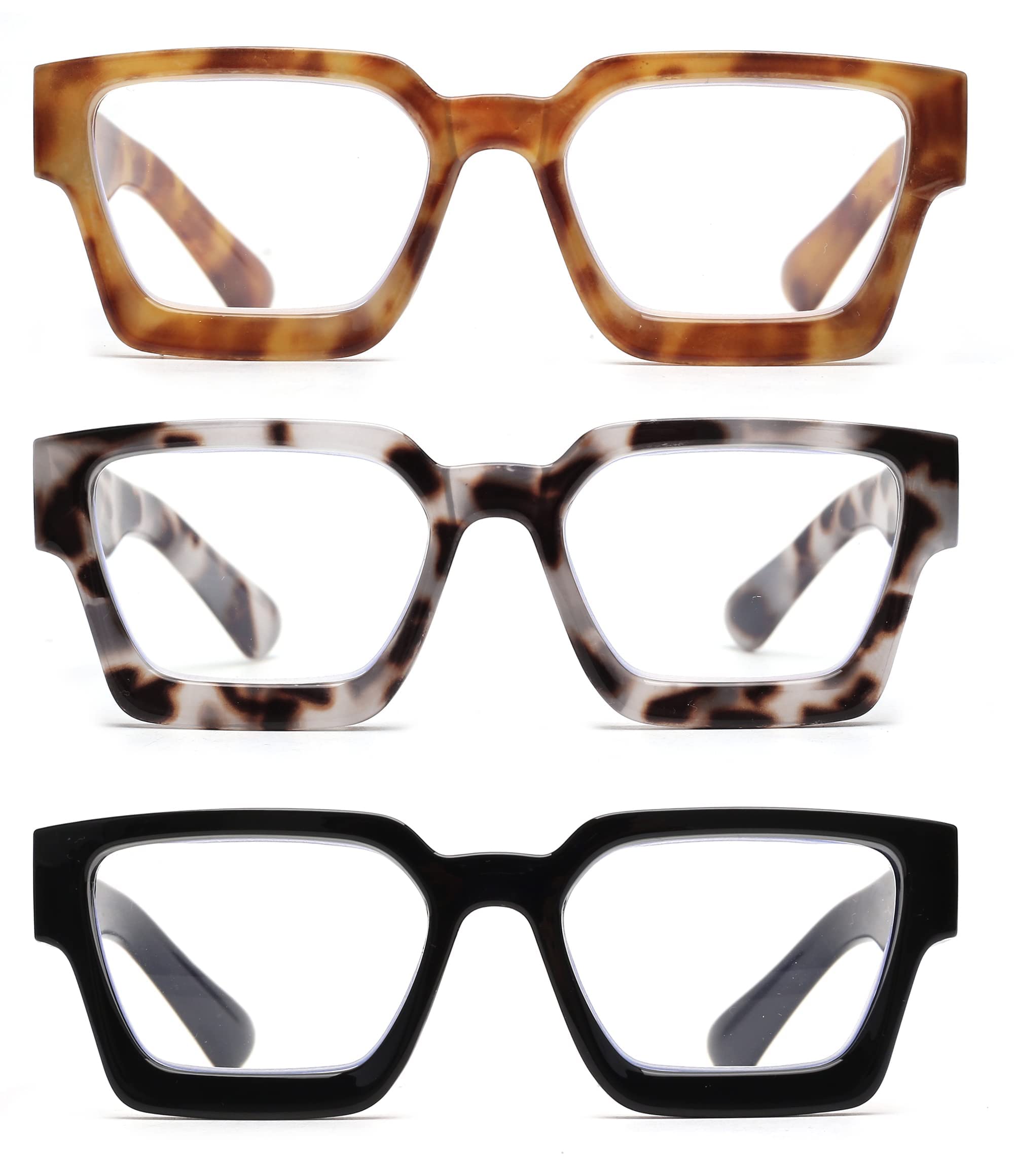 JM 3 Pack Square Blue Light Blocking Reading Glasses for Women & Men - Computer Glasses for Office Work, Screen Time & Digital Eye Strain Relief