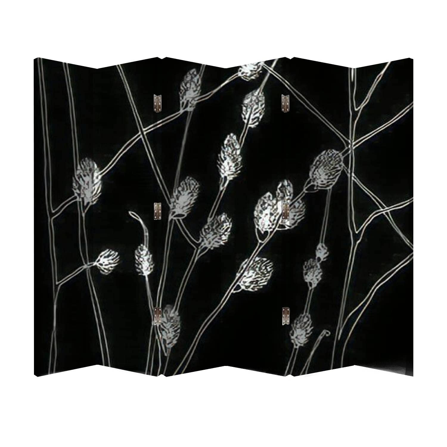 6 Panel Wooden Folding Room Divider Screen - Black & White Willow Branch Design Canvas Privacy Partition for Office, Bedroom & Living Room | Home Decor & Space Separator
