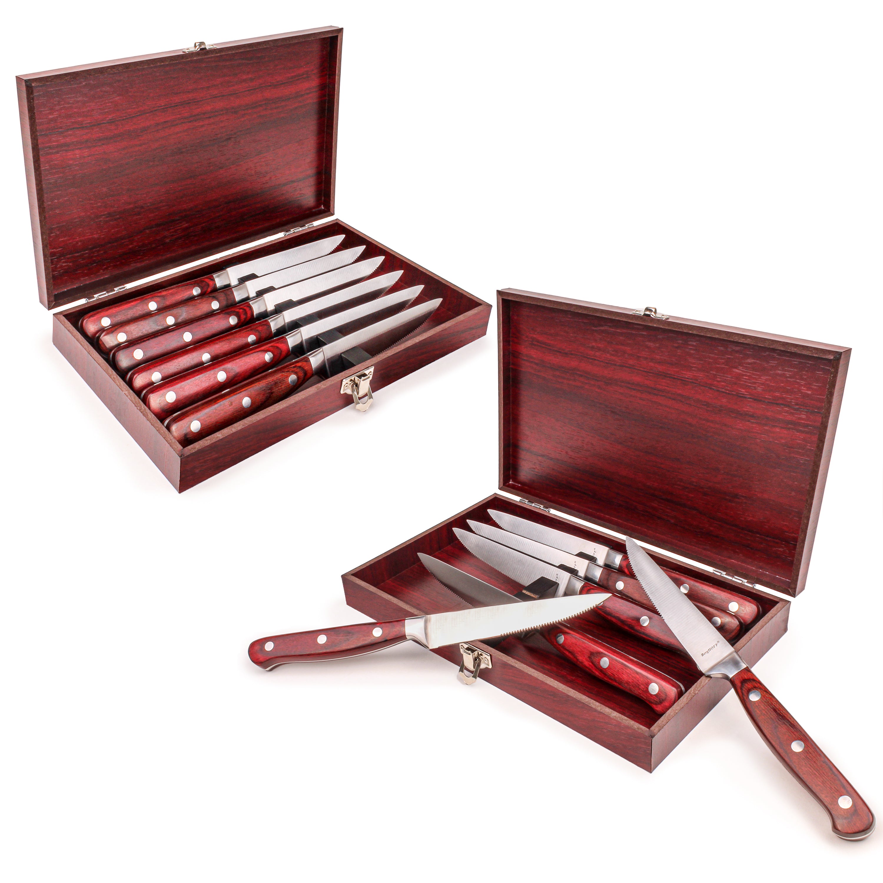 Premium BergHOFF Pakka Wood 14-Piece Stainless Steel Steak Knife Set with Wooden Storage Case - Perfect for Fine Dining, BBQ Parties & Gift Giving
