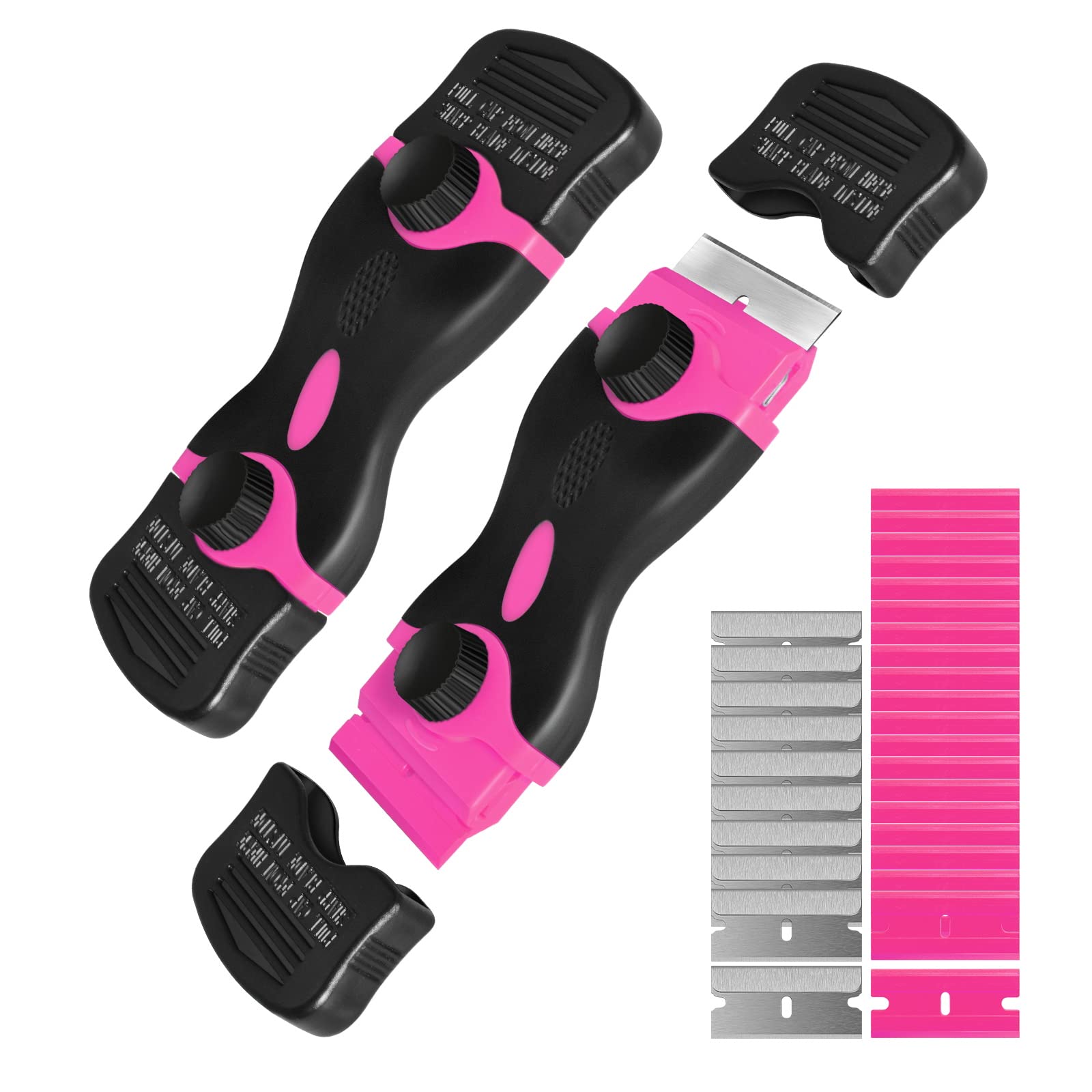 Double Edge Razor Scraper Tool with 30 Blades - Professional Label, Sticker & Decal Remover for Auto Window Tint & Vinyl Application - Perfect for Car Detailing, Home Improvement & Craft Projects (Pink)