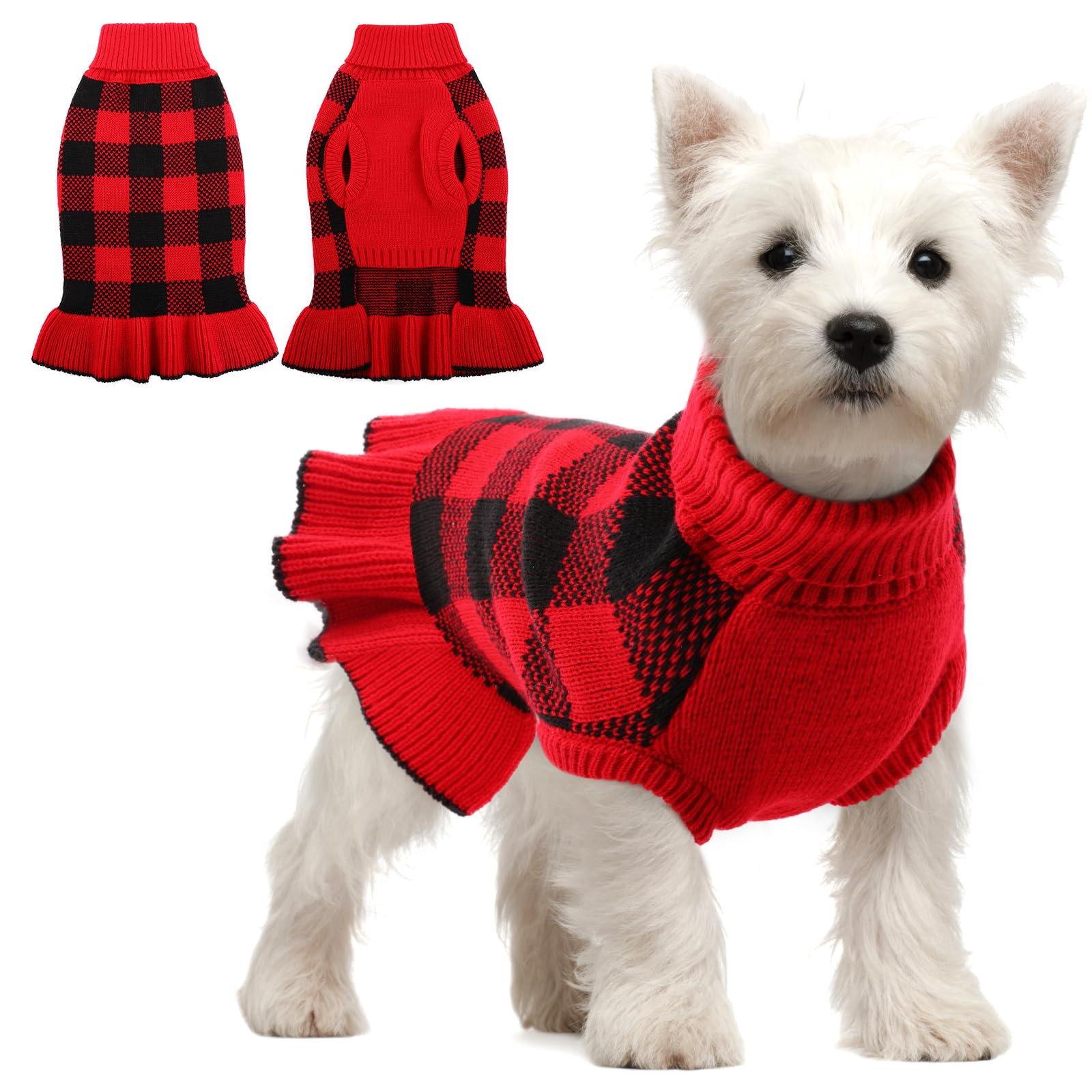 QBLEEV Small Dog Sweaters - Warm Winter Turtleneck Pullover Puppy Sweater Dress with Leash Hole | Soft Fall & Christmas Pet Clothes for Small Dogs (XS) | Perfect for Indoor Coziness & Outdoor Winter Walks