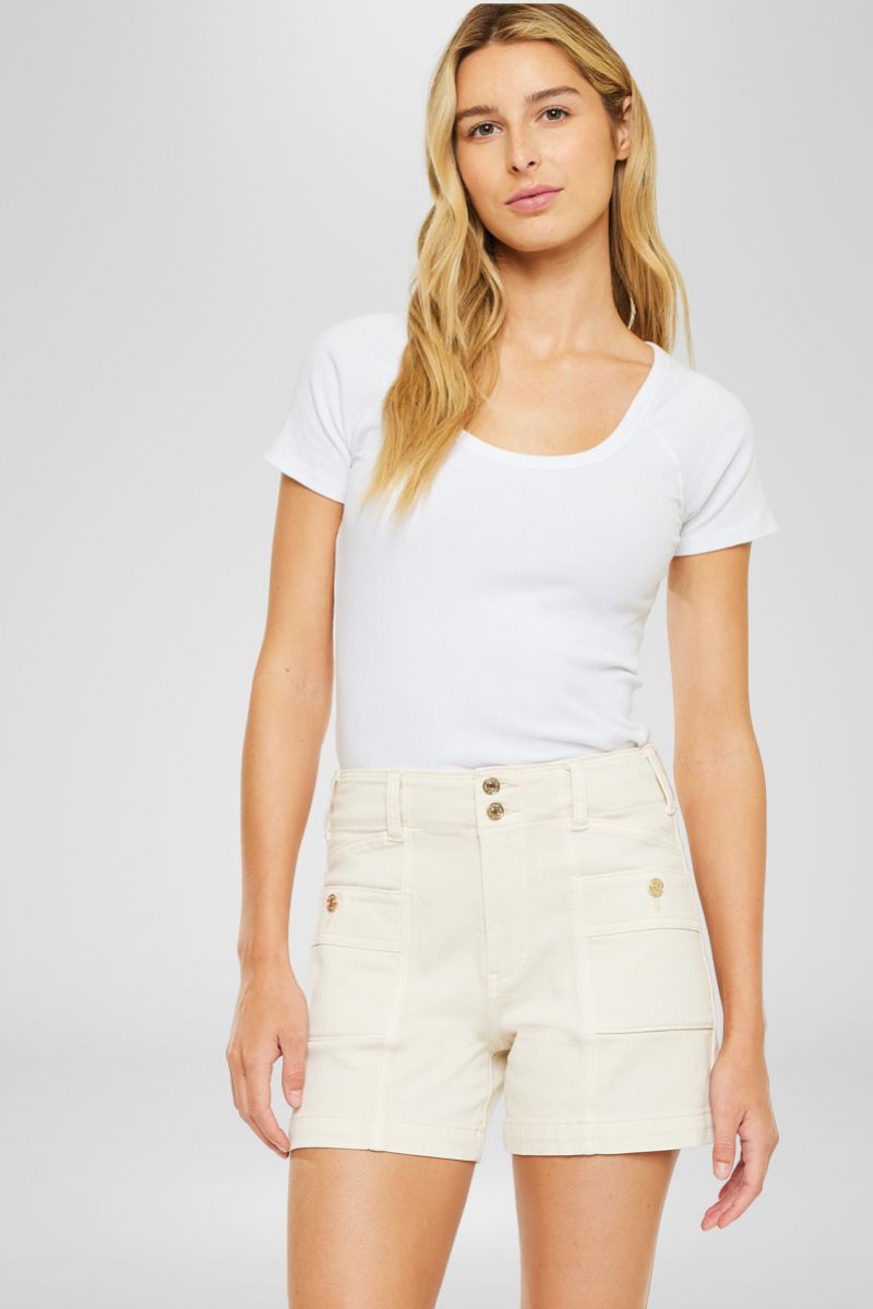 Carmel High Rise Shorts for Women - Comfortable Stretchy Denim Shorts with Pockets - Perfect for Summer, Travel, and Casual Outings
