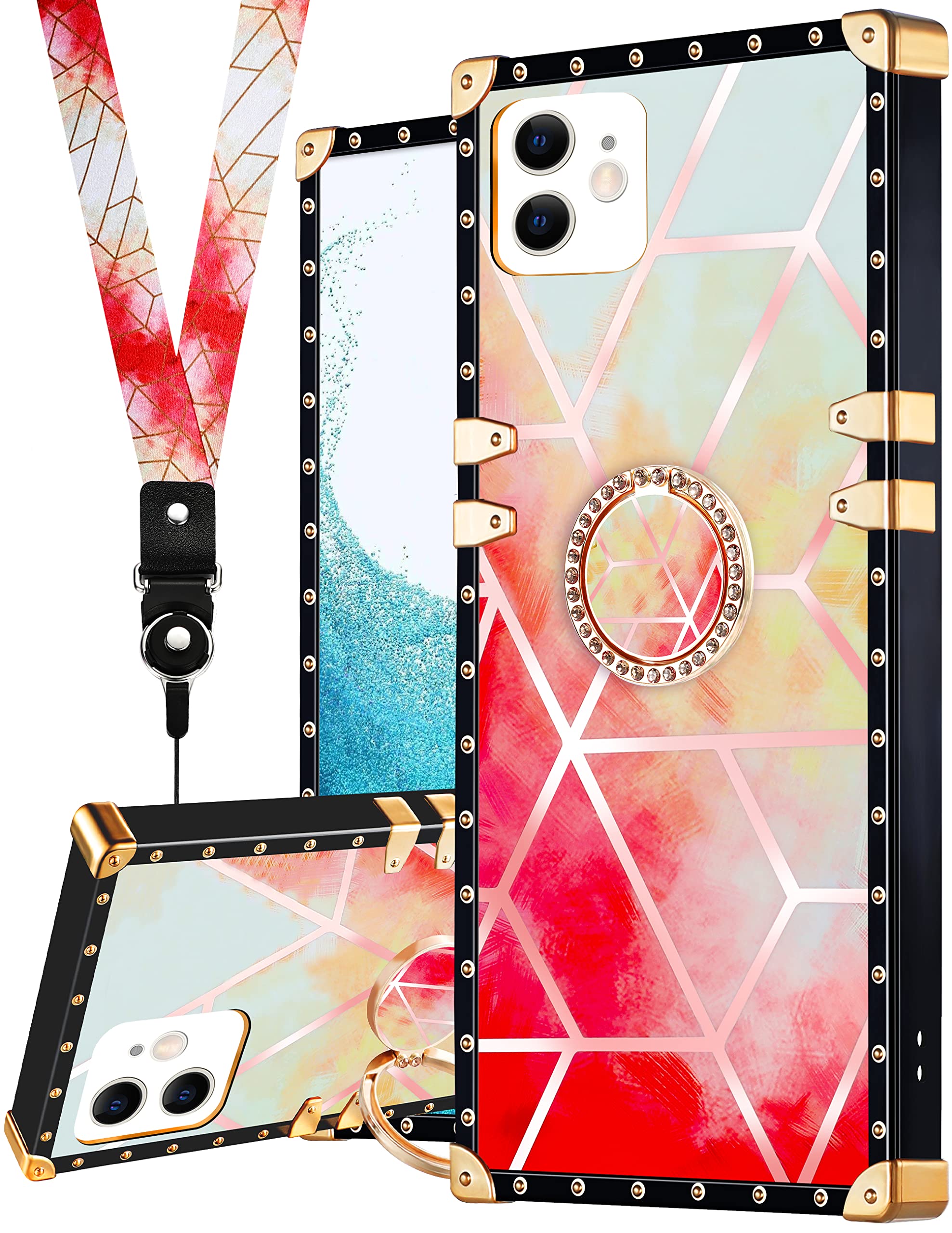 Loheckle iPhone 11 Case for Women - Luxury Marble Square Design with Ring Stand Holder & Lanyard - Shockproof Cover for iPhone 11 6.1 Inch - Perfect for Work, Travel and Daily Use