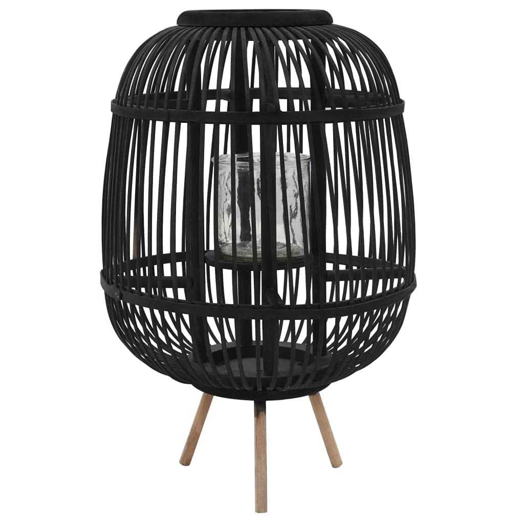 Freestanding Bamboo Black Candle Lantern Holder with Wooden Feet - Decorative Outdoor Lighting for Garden, Patio, Terrace, Wedding & Party Decor