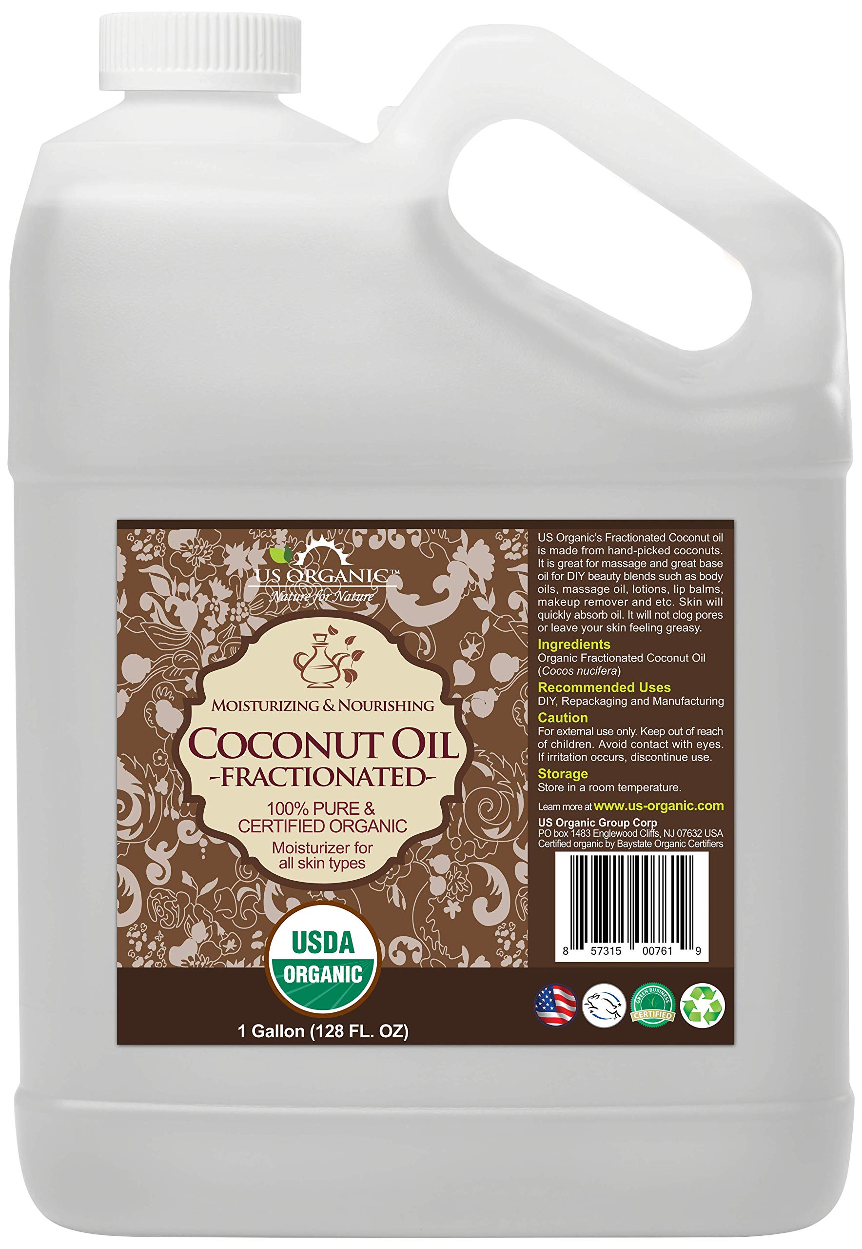 USDA Certified Organic Fractionated Coconut Oil - 100% Pure, Non-GMO, Hexane-Free (1 Gallon/128 oz) | Best for Massage, DIY Essential Oil Blends, Hair & Skin Care | Ideal for Aromatherapy, Natural Moisturizer & Spa Treatments