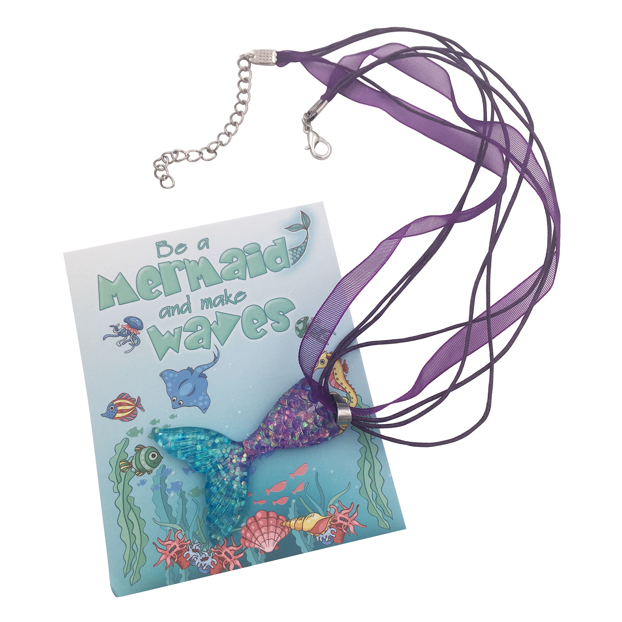 JustBe 12-Pack Mermaid Necklace Set - Handmade Glittery Pendant Party Favors for Girls Birthday, Bridal Shower & Pool Party Gifts | Individually Packaged Jewelry Accessories for Kids & Teens