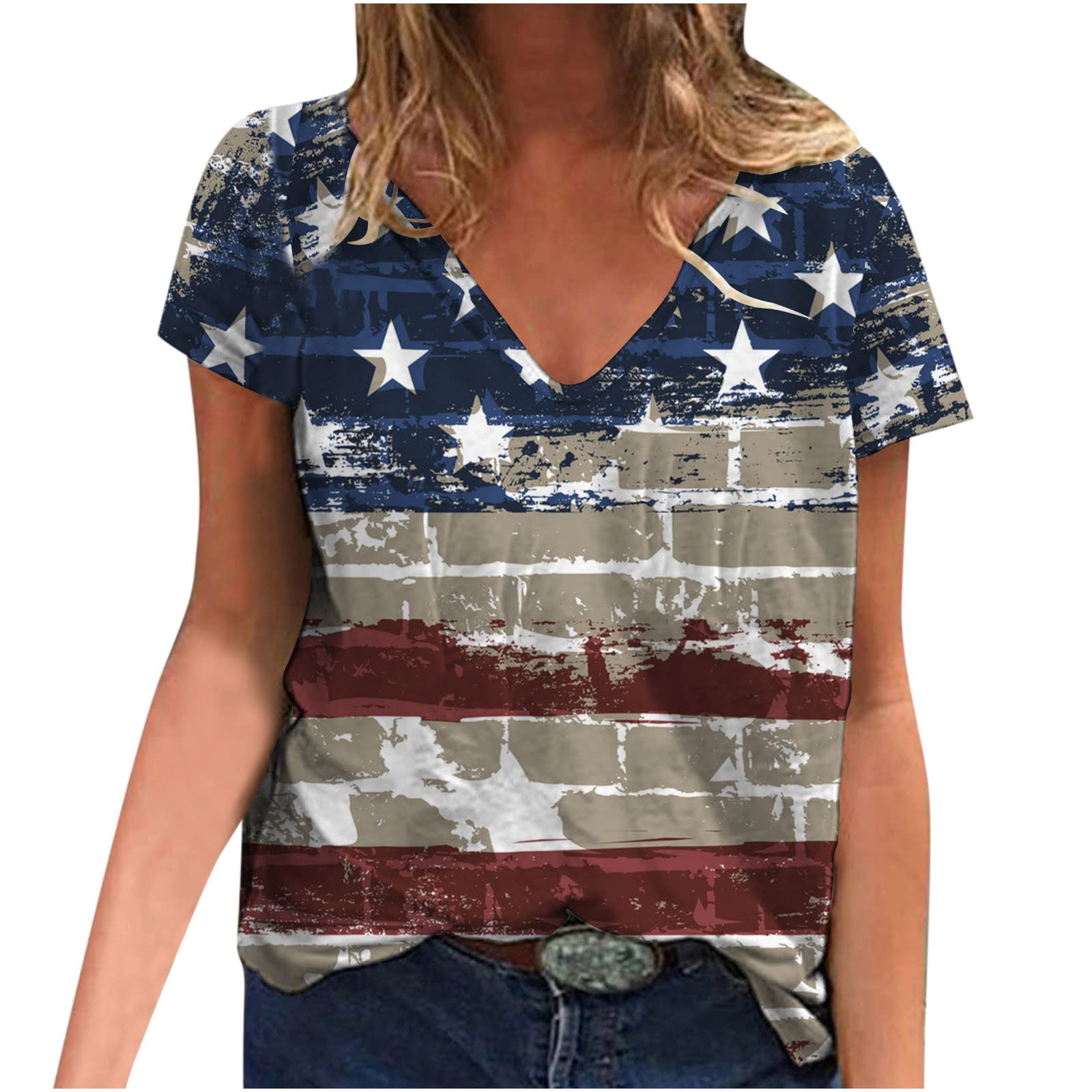Women's 4th of July Patriotic T-Shirts - Cute USA Flag Printed V-Neck Short Sleeve Loose Tunic Tops for Independence Day | Perfect for Summer BBQs, Beach Outings & Firework Celebrations