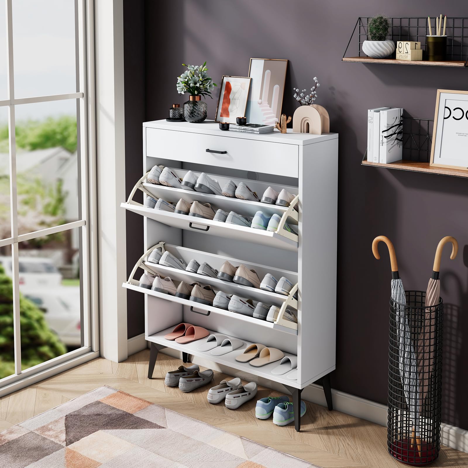 Hidden Shoe Cabinet for Entryway - Narrow 4-Tier Shoe Storage with Doors & Drawers, Freestanding Flip-Up Wooden Shoe Rack for Hallway, Living Room, Bedroom (White) - Space-Saving Home Organization Solution